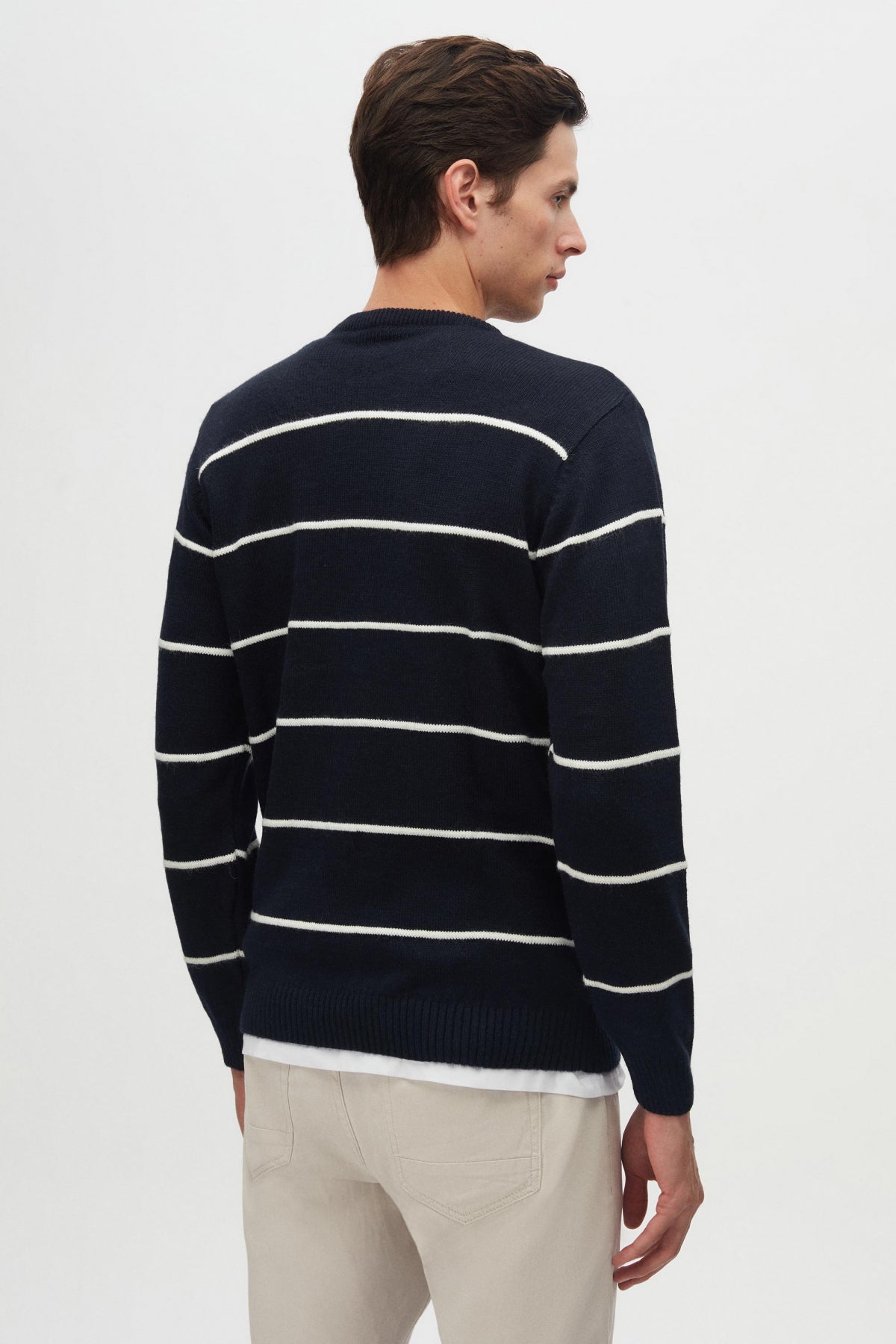 Ds Damat Regular Fit Striped Anti-Pilling Crew Neck Knit Sweater - Navy Blue