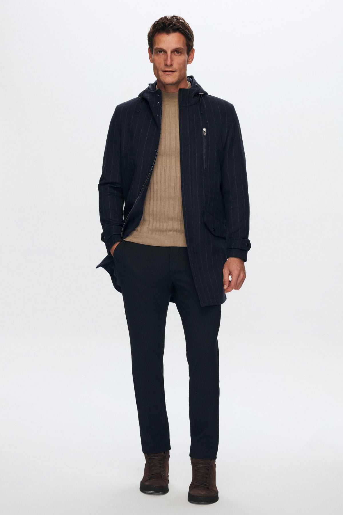 Ds Damat Regular Fit Striped Wool Hooded Coat - Navy Blue