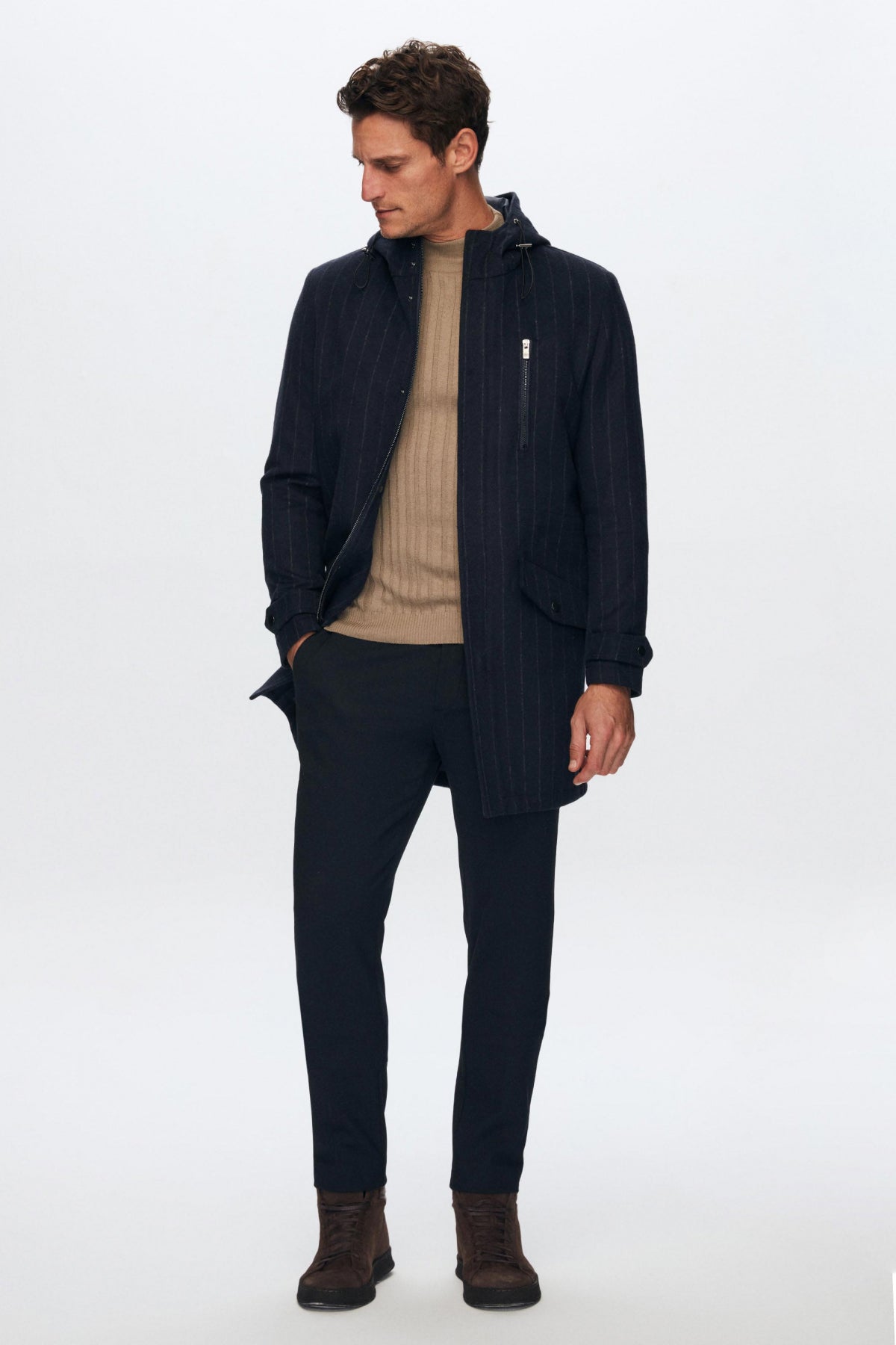 Ds Damat Regular Fit Striped Wool Hooded Coat - Navy Blue
