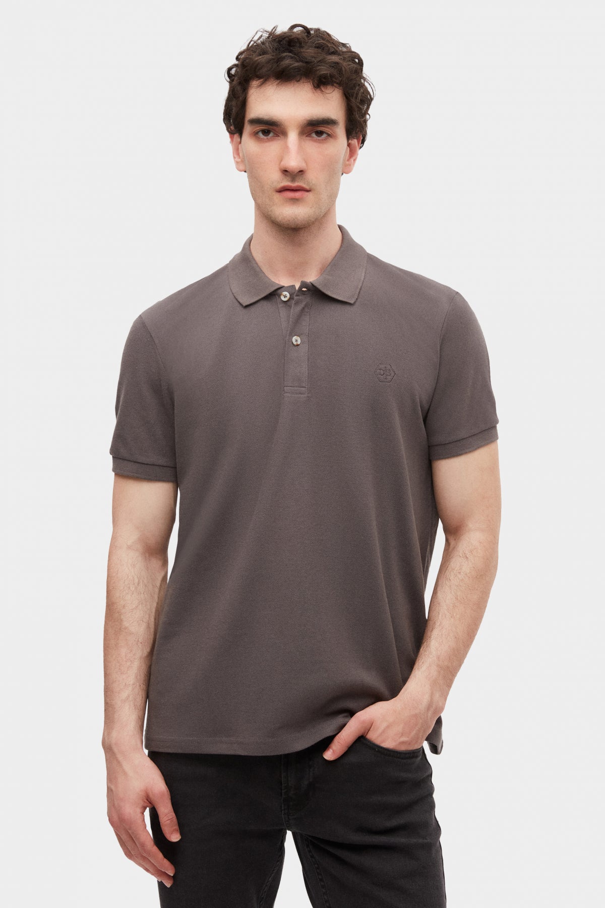 Ds Damat Regular Fit Textured 100% Cotton Wrinkle-Resistant Polo Collar Embroidered T-Shirt - Anthracite