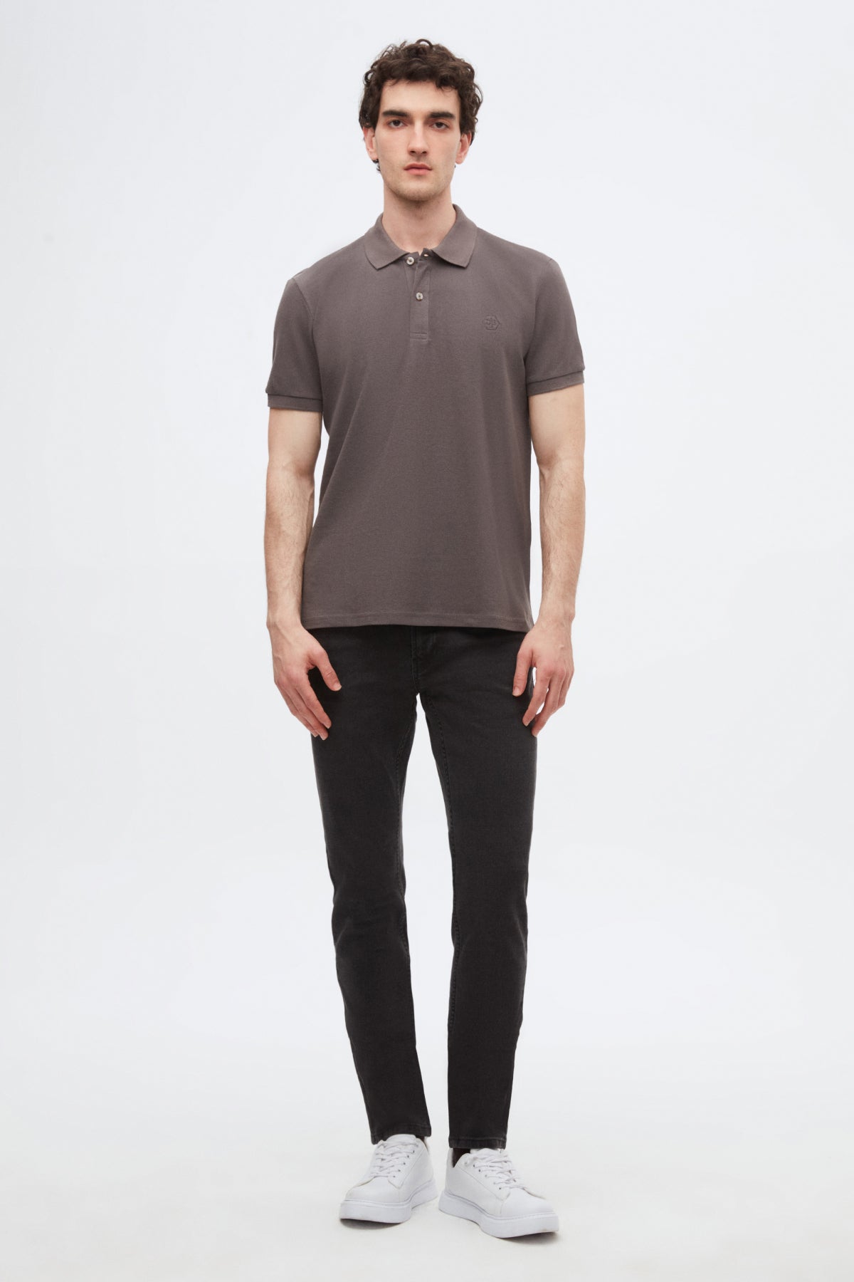 Ds Damat Regular Fit Textured 100% Cotton Wrinkle-Resistant Polo Collar Embroidered T-Shirt - Anthracite