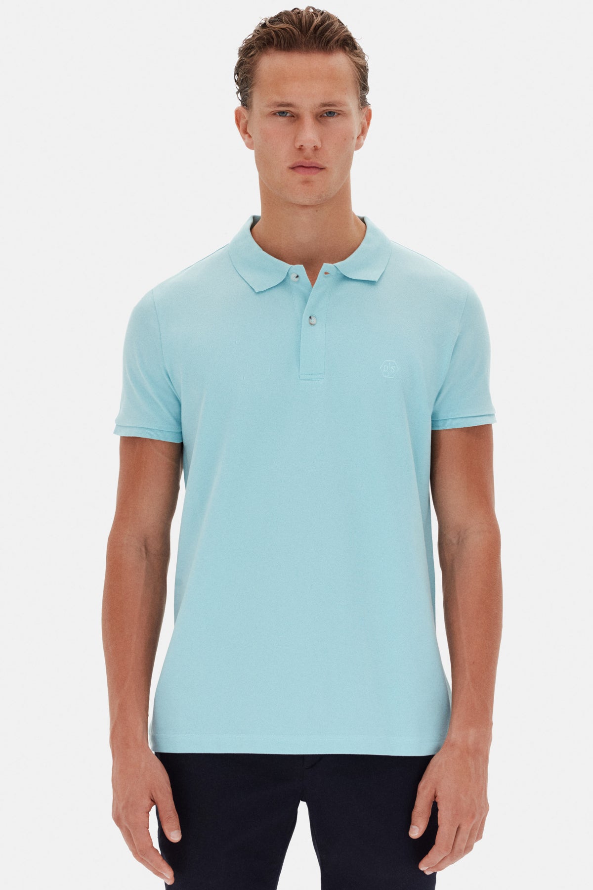 Ds Damat Regular Fit Textured 100% Cotton Wrinkle-Resistant Polo Collar Embroidered T-Shirt - Aqua
