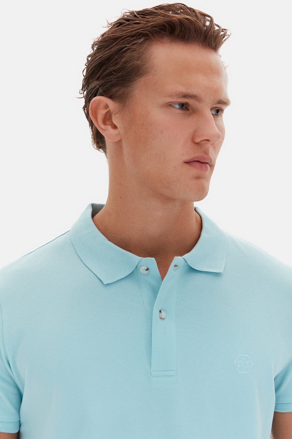 Ds Damat Regular Fit Textured 100% Cotton Wrinkle-Resistant Polo Collar Embroidered T-Shirt - Aqua