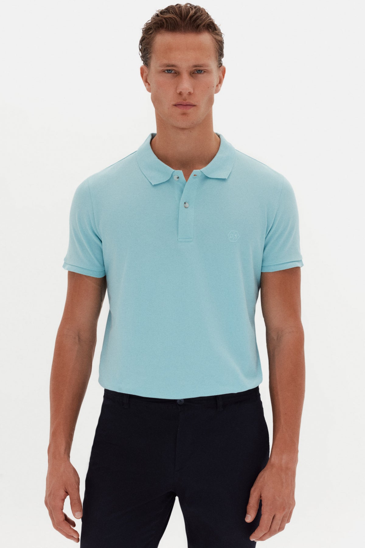 Ds Damat Regular Fit Textured 100% Cotton Wrinkle-Resistant Polo Collar Embroidered T-Shirt - Aqua