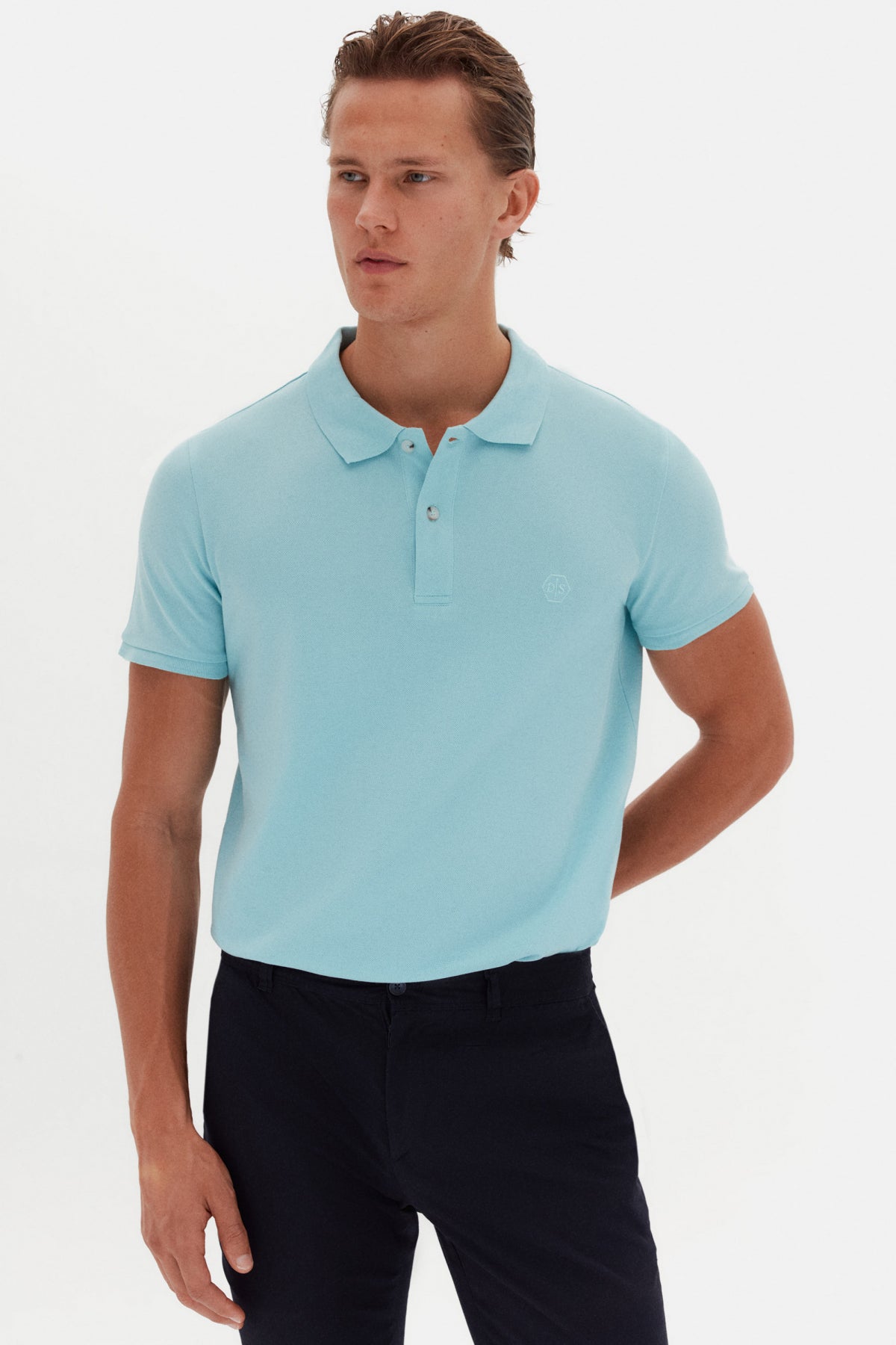 Ds Damat Regular Fit Textured 100% Cotton Wrinkle-Resistant Polo Collar Embroidered T-Shirt - Aqua