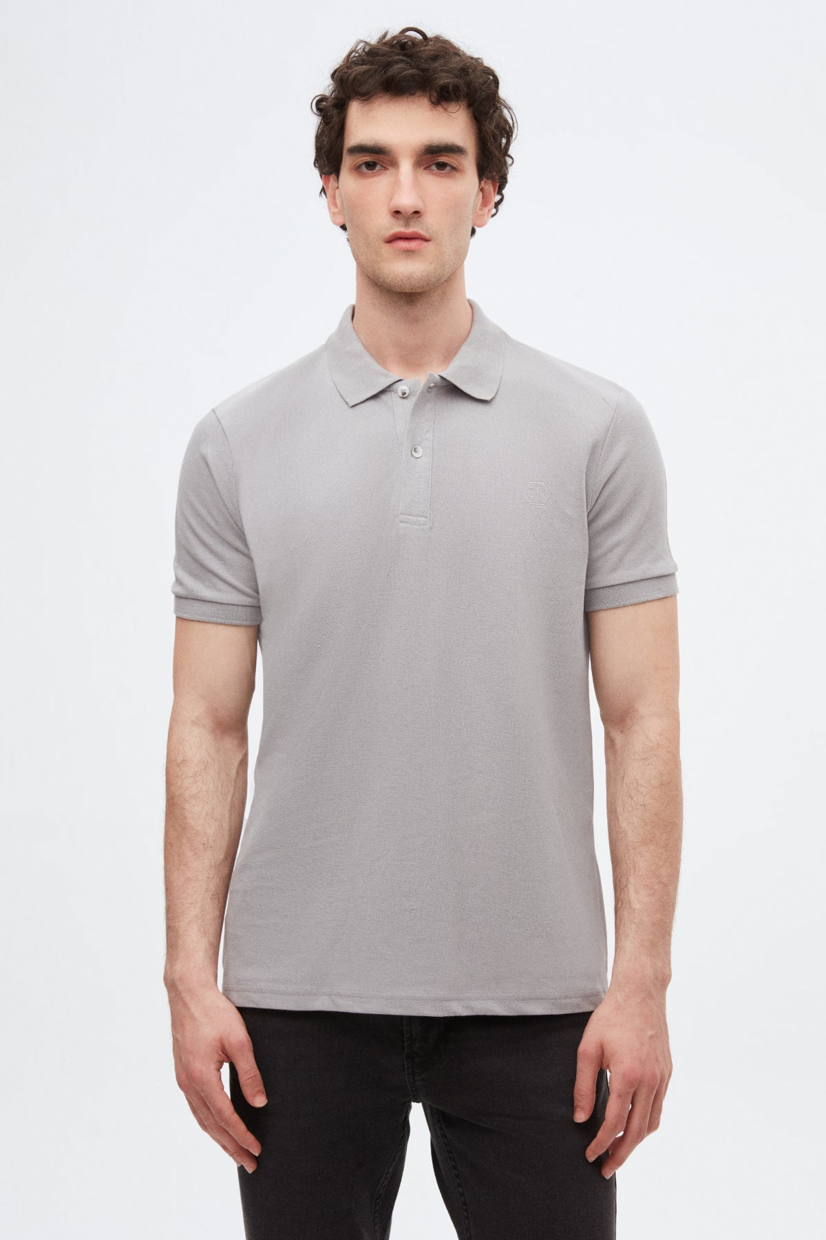 Ds Damat Regular Fit Textured 100% Cotton Wrinkle-Resistant Polo Collar Embroidered T-Shirt - Gray