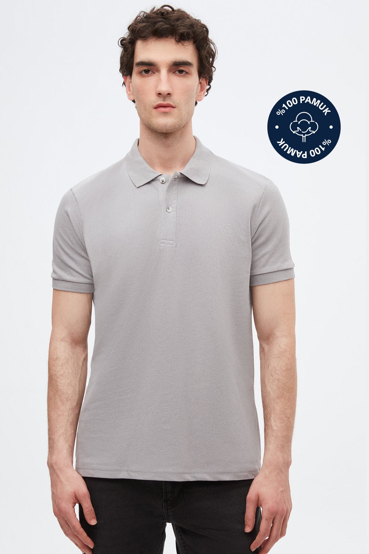 Ds Damat Regular Fit Textured 100% Cotton Wrinkle-Resistant Polo Collar Embroidered T-Shirt - Gray