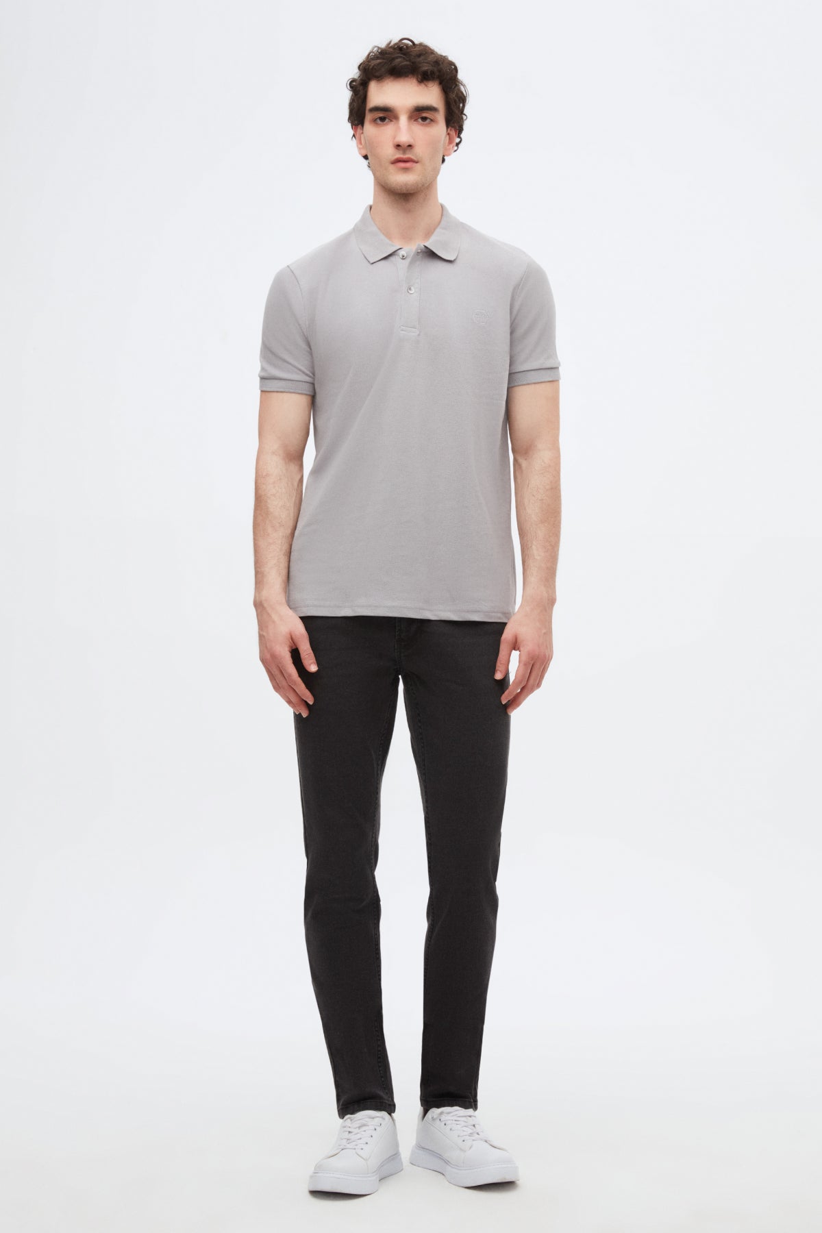 Ds Damat Regular Fit Textured 100% Cotton Wrinkle-Resistant Polo Collar Embroidered T-Shirt - Gray