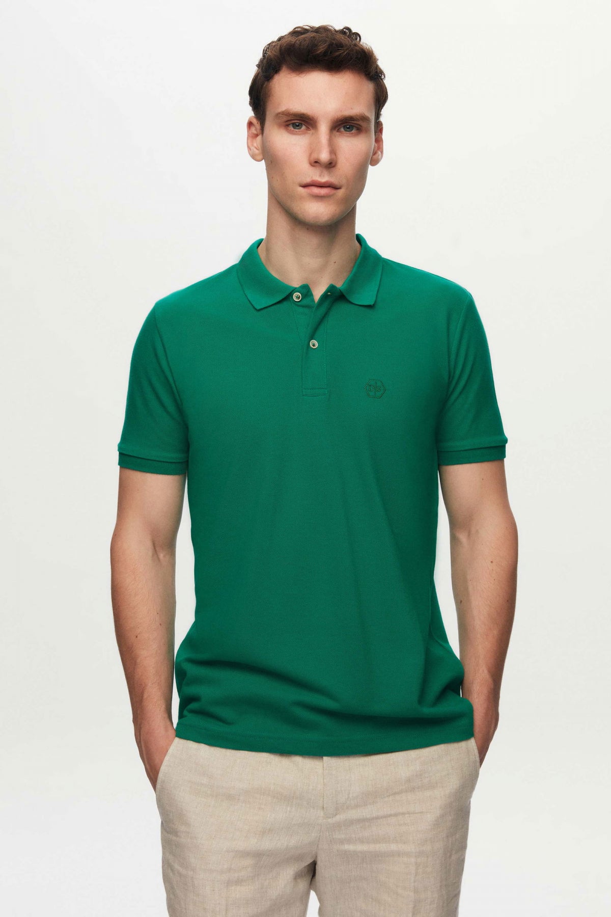 Ds Damat Regular Fit Textured 100% Cotton Wrinkle-Resistant Polo Collar Embroidered T-Shirt - Green