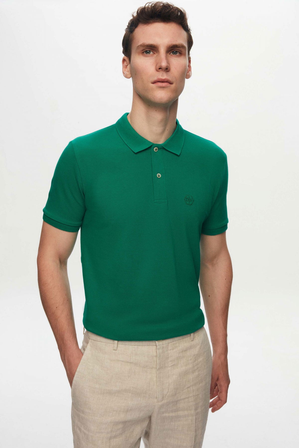 Ds Damat Regular Fit Textured 100% Cotton Wrinkle-Resistant Polo Collar Embroidered T-Shirt - Green