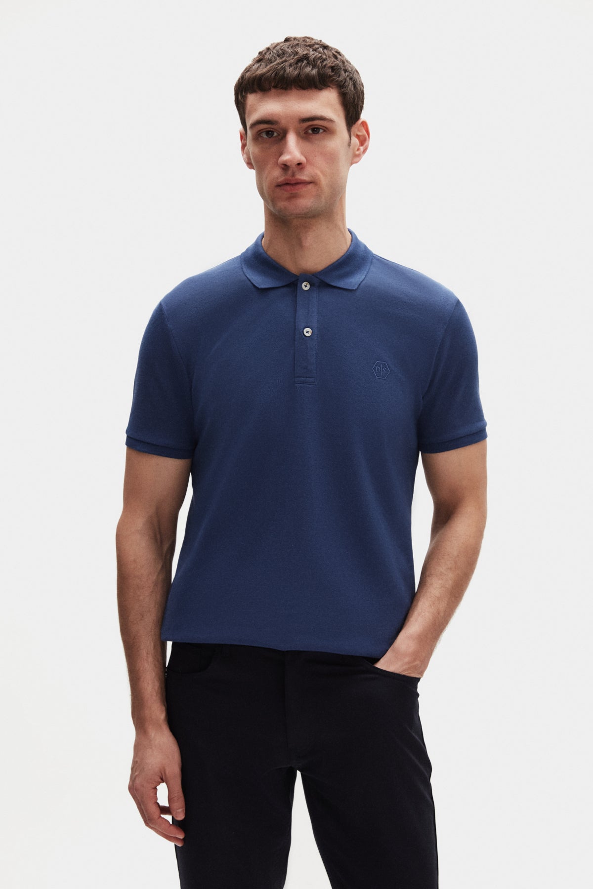 Ds Damat Regular Fit Textured 100% Cotton Wrinkle-Resistant Polo Collar Embroidered T-Shirt - Indigo