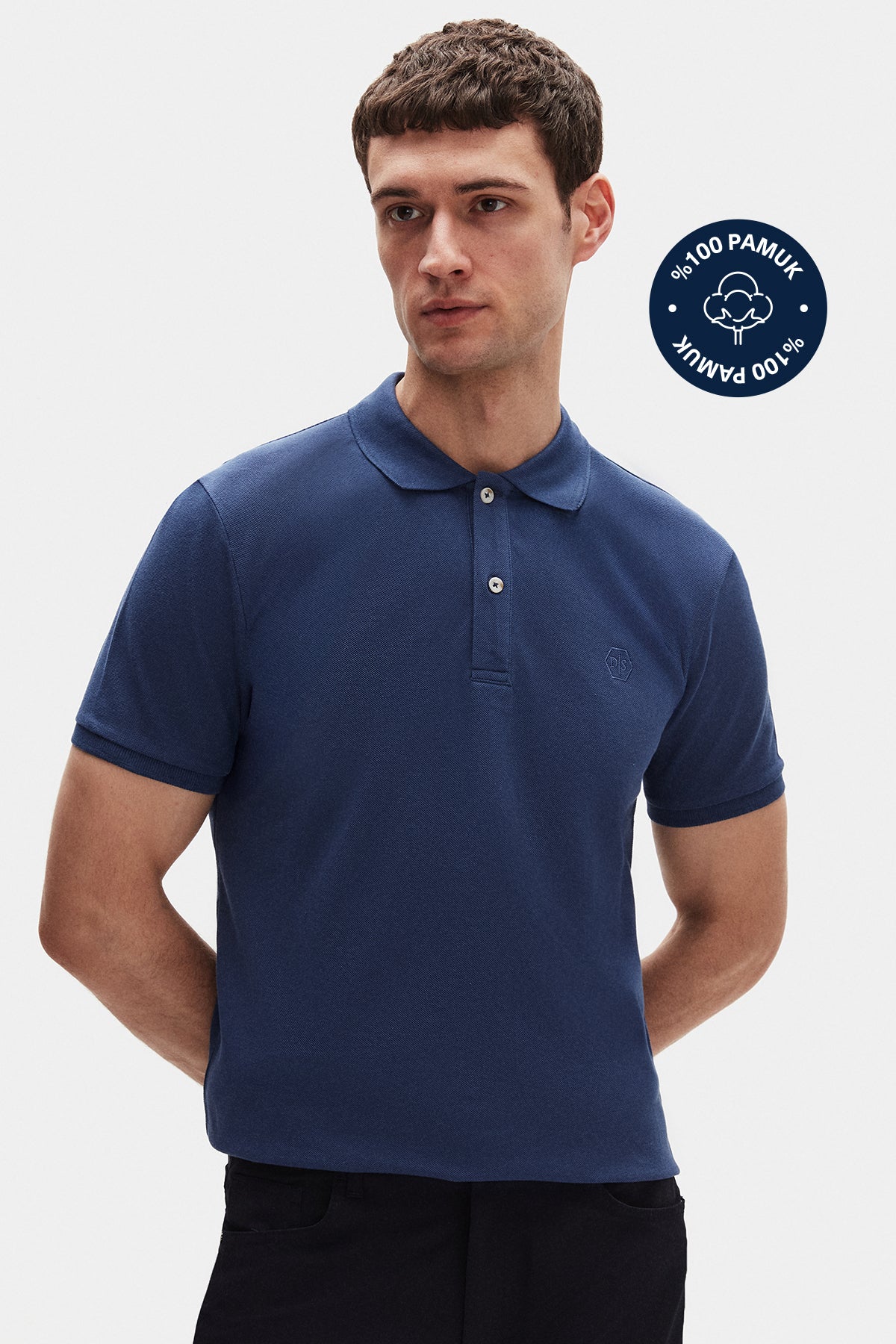 Ds Damat Regular Fit Textured 100% Cotton Wrinkle-Resistant Polo Collar Embroidered T-Shirt - Indigo