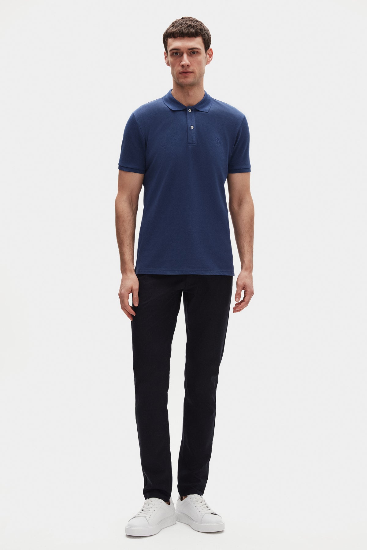 Ds Damat Regular Fit Textured 100% Cotton Wrinkle-Resistant Polo Collar Embroidered T-Shirt - Indigo
