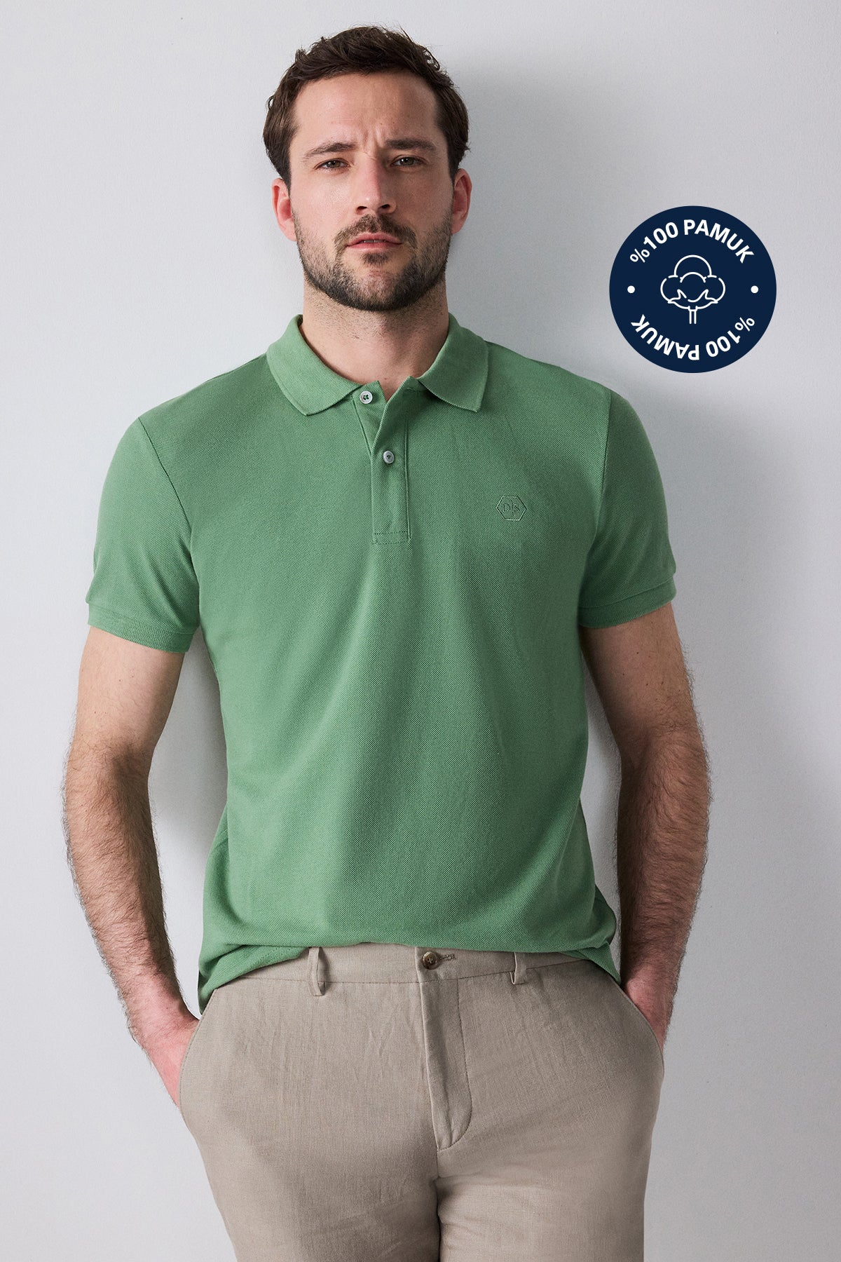 Ds Damat Regular Fit Textured 100% Cotton Wrinkle-Resistant Polo Collar Embroidered T-Shirt - Light Green