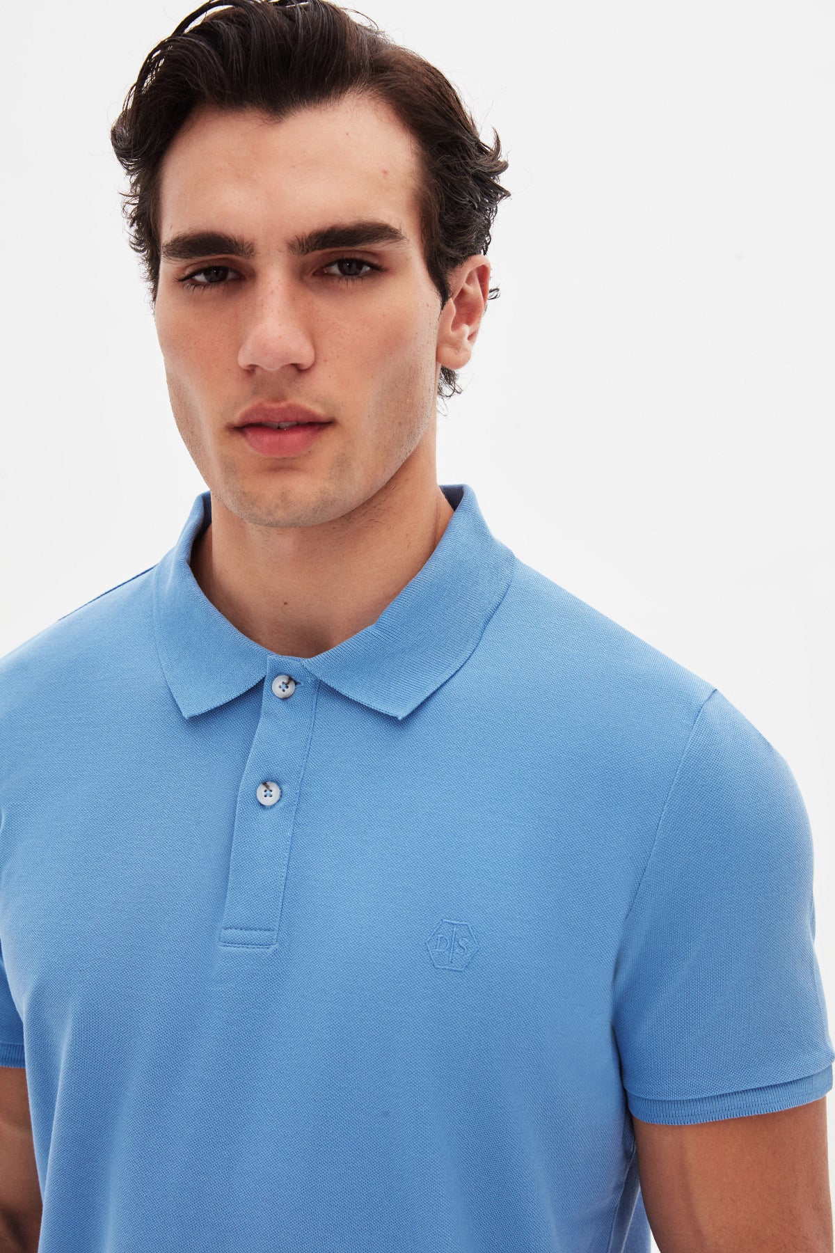 Ds Damat Regular Fit Textured 100% Cotton Wrinkle-Resistant Polo Collar Embroidered T-Shirt - Light Indigo