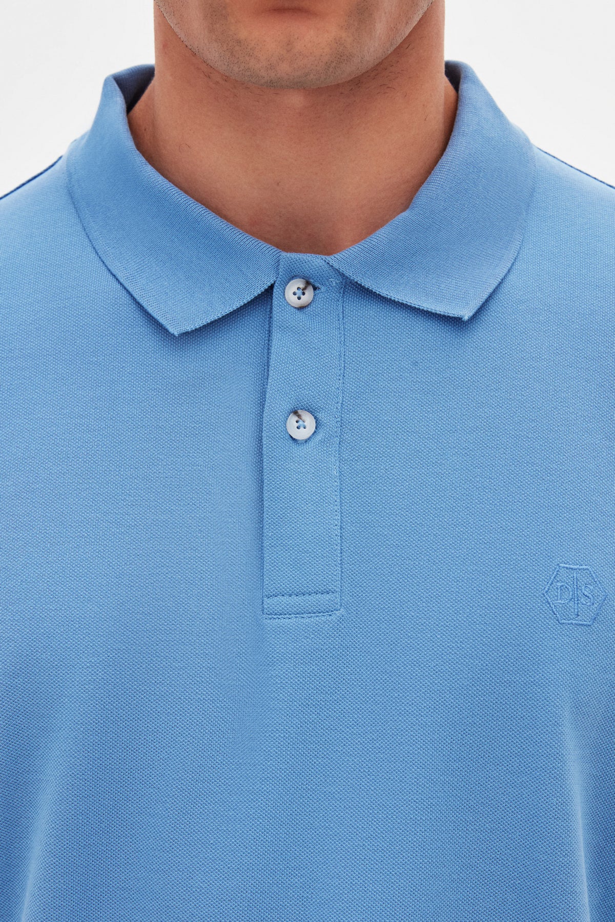 Ds Damat Regular Fit Textured 100% Cotton Wrinkle-Resistant Polo Collar Embroidered T-Shirt - Light Indigo