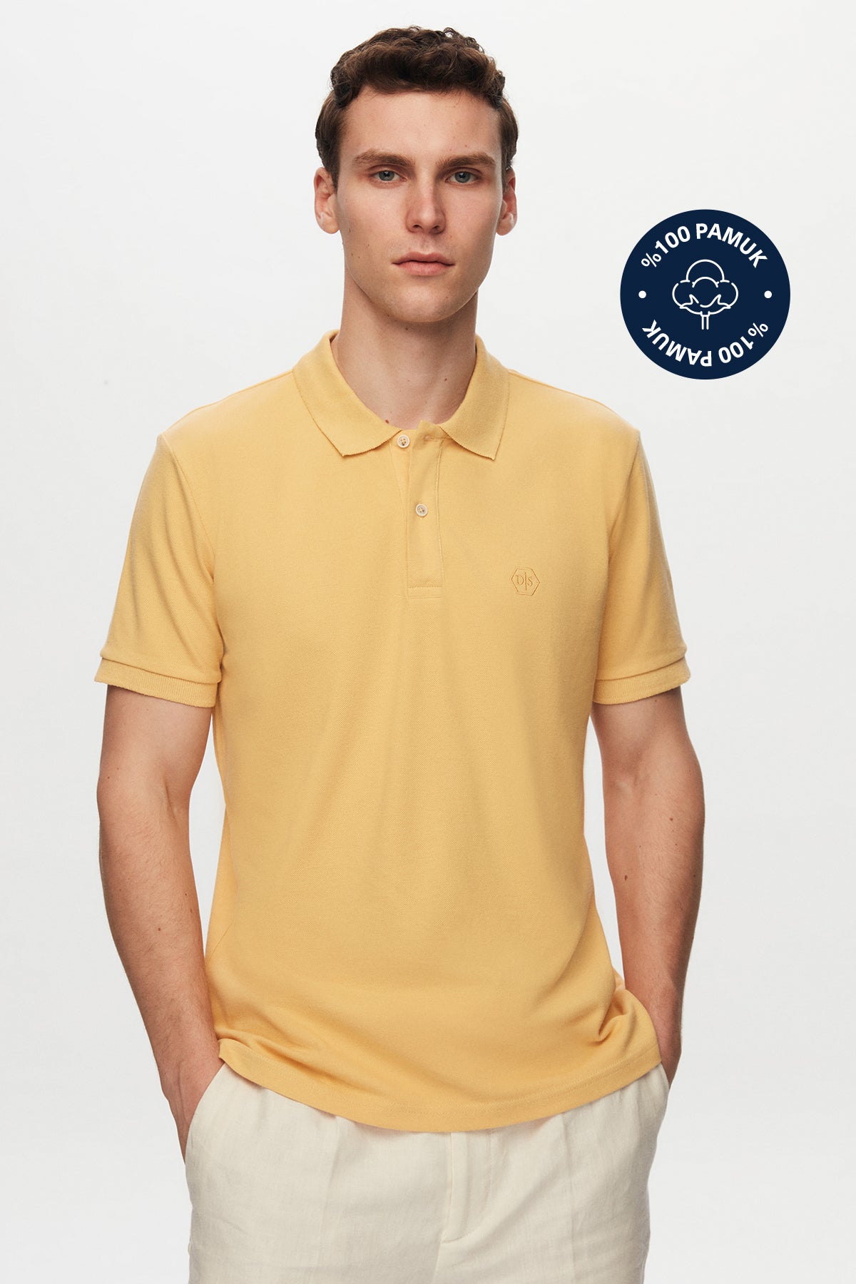 Ds Damat Regular Fit Textured 100% Cotton Wrinkle-Resistant Polo Collar Embroidered T-Shirt - Light Yellow