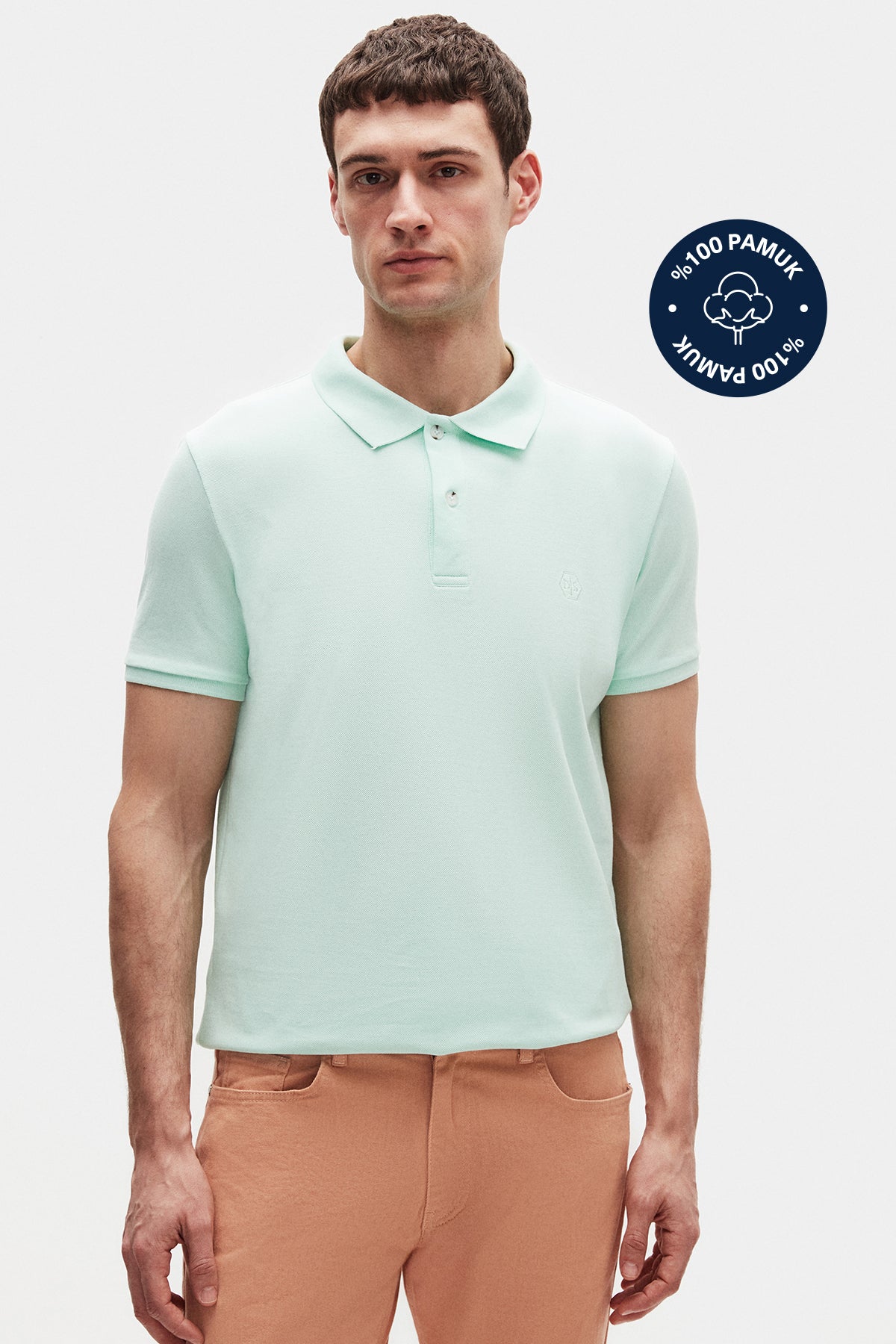 Ds Damat Regular Fit Textured 100% Cotton Wrinkle-Resistant Polo Collar Embroidered T-Shirt - Mint