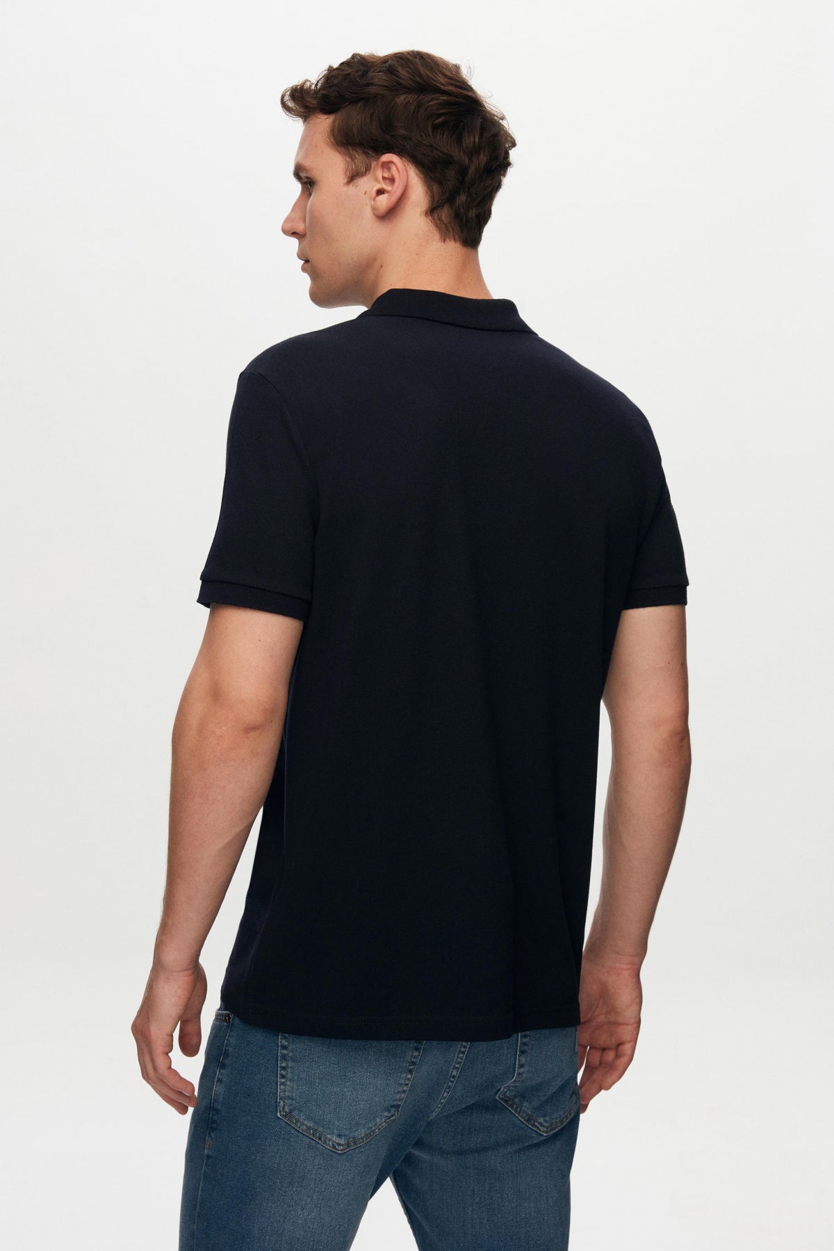 Ds Damat Regular Fit Textured 100% Cotton Wrinkle-Resistant Polo Collar Embroidered T-Shirt - Navy Blue