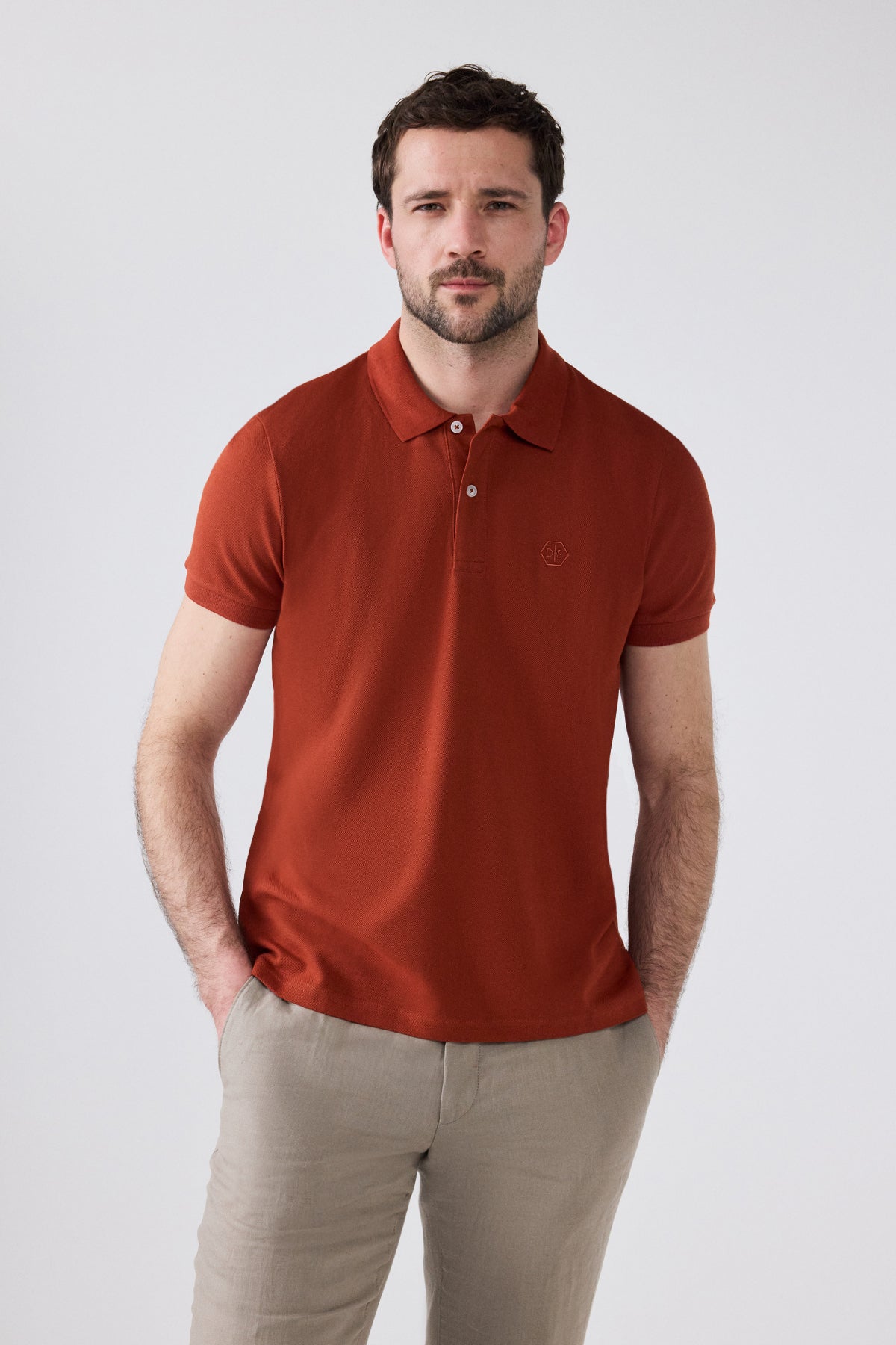 Ds Damat Regular Fit Textured 100% Cotton Wrinkle-Resistant Polo Collar Embroidered T-Shirt - Off White