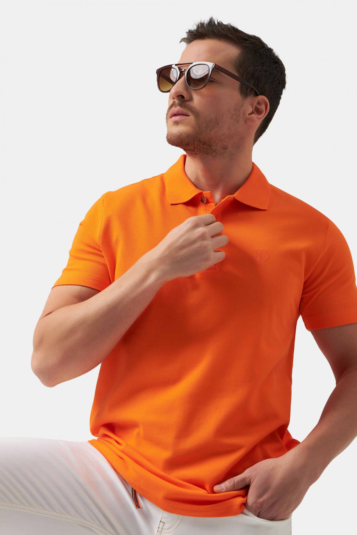 Ds Damat Regular Fit Textured 100% Cotton Wrinkle-Resistant Polo Collar Embroidered T-Shirt - Orange