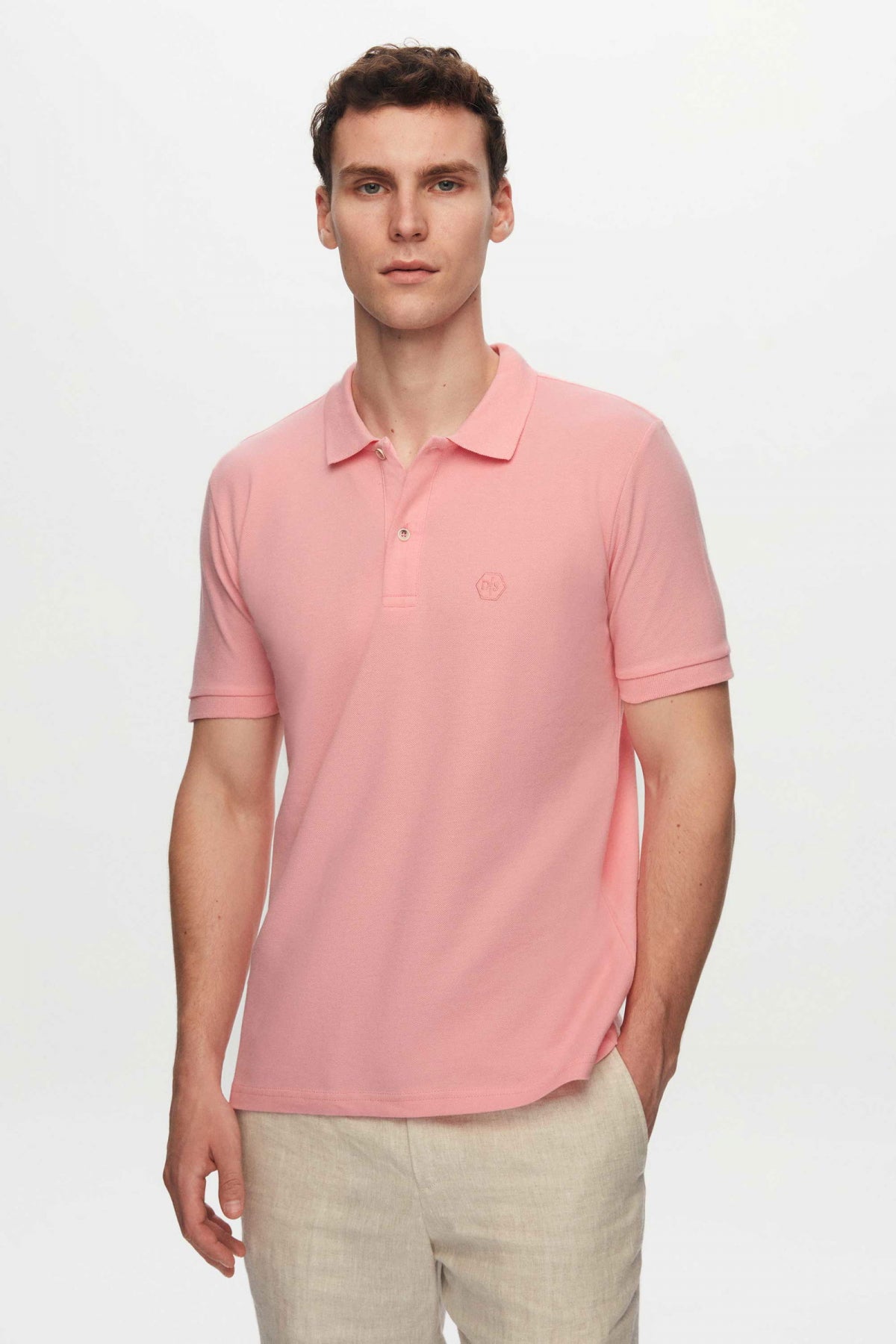 Ds Damat Regular Fit Textured 100% Cotton Wrinkle-Resistant Polo Collar Embroidered T-Shirt - Pink