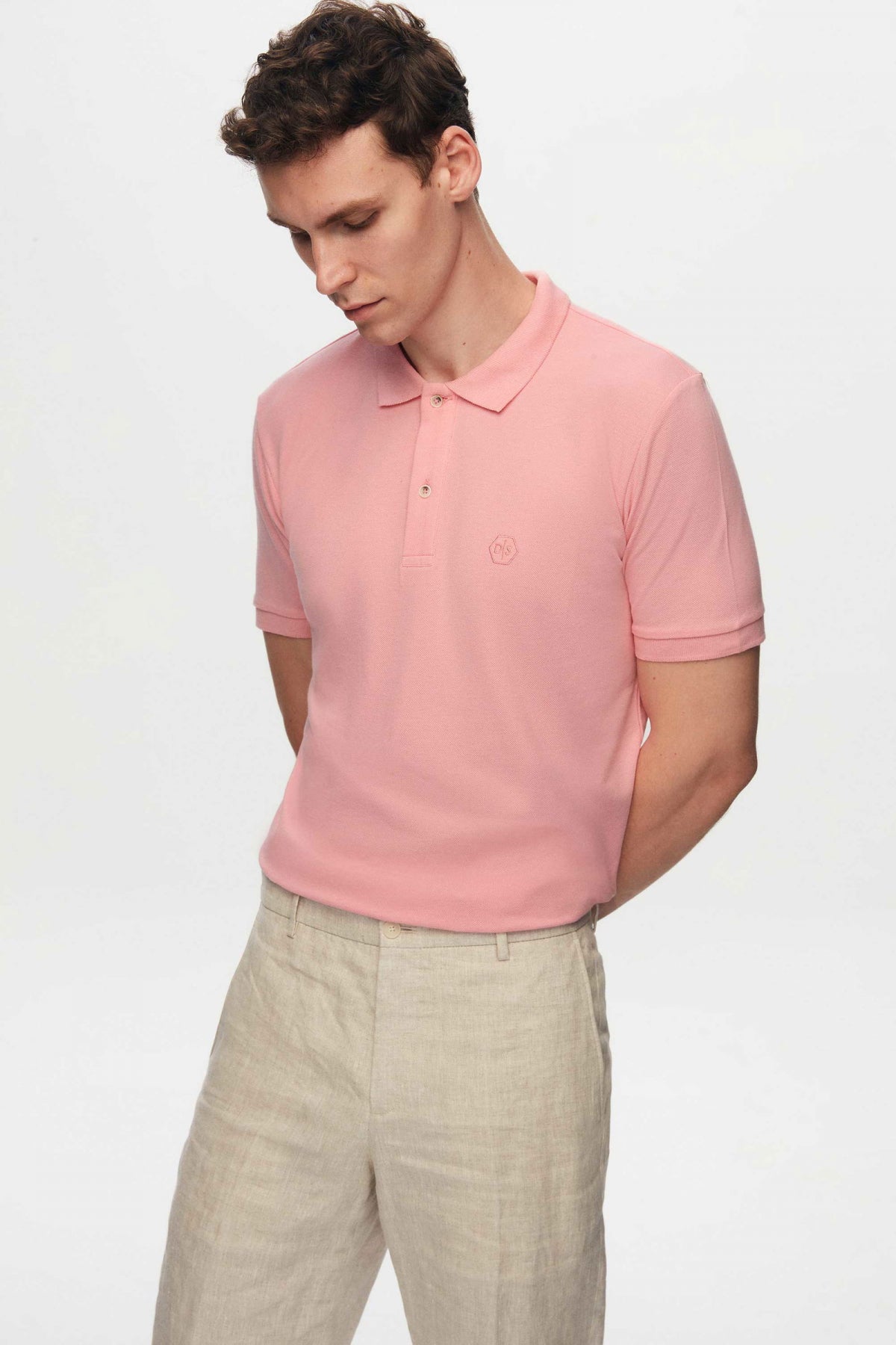 Ds Damat Regular Fit Textured 100% Cotton Wrinkle-Resistant Polo Collar Embroidered T-Shirt - Pink