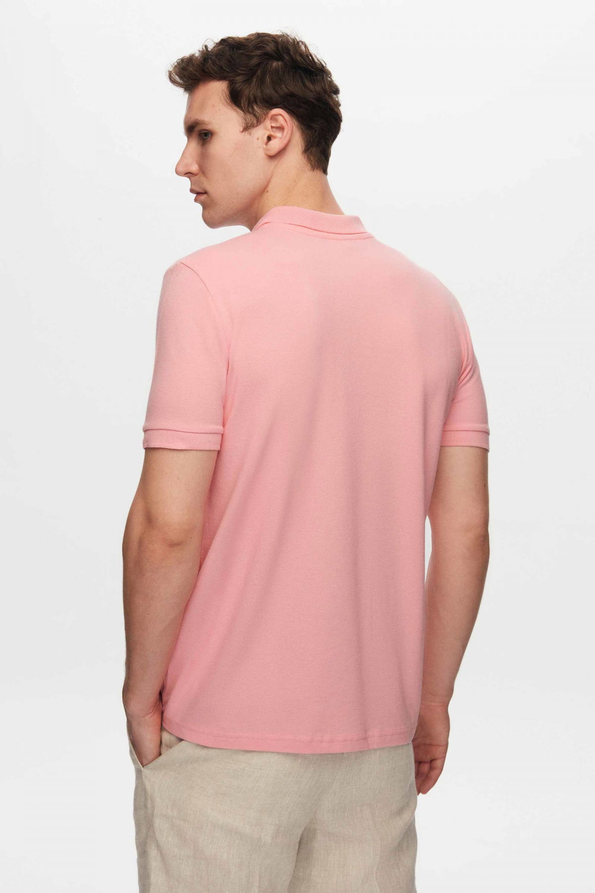 Ds Damat Regular Fit Textured 100% Cotton Wrinkle-Resistant Polo Collar Embroidered T-Shirt - Pink