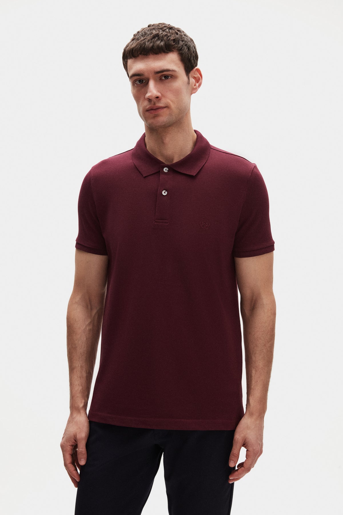 Ds Damat Regular Fit Textured 100% Cotton Wrinkle-Resistant Polo Collar Embroidered T-Shirt - Plum