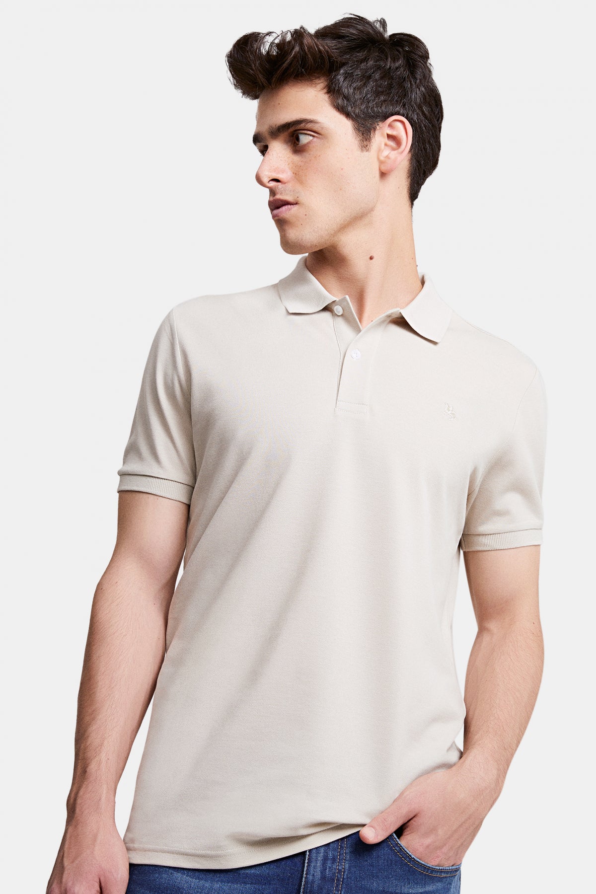 Ds Damat Regular Fit Textured 100% Cotton Wrinkle-Resistant Polo Collar Embroidered T-Shirt - Stone