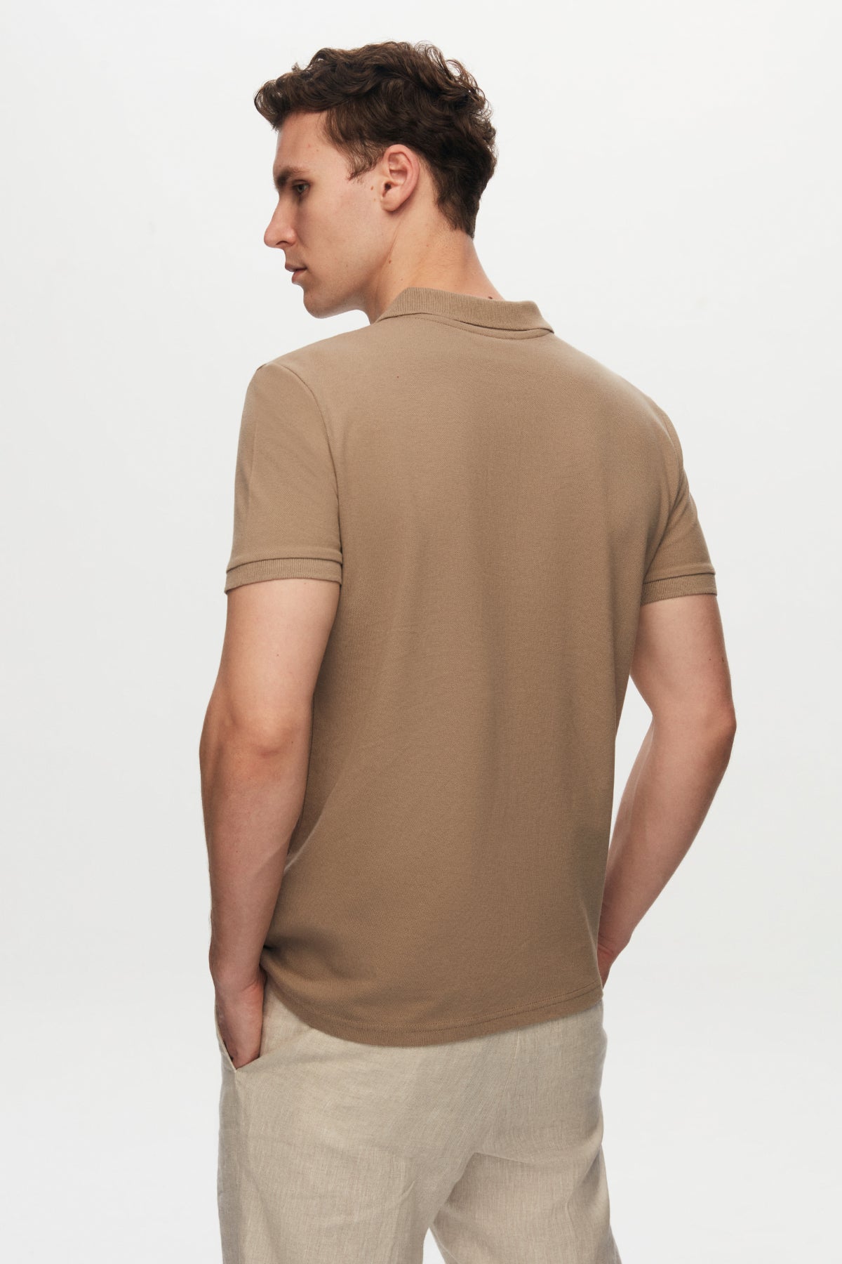 Ds Damat Regular Fit Textured 100% Cotton Wrinkle-Resistant Polo Collar Embroidered T-Shirt - Taupe