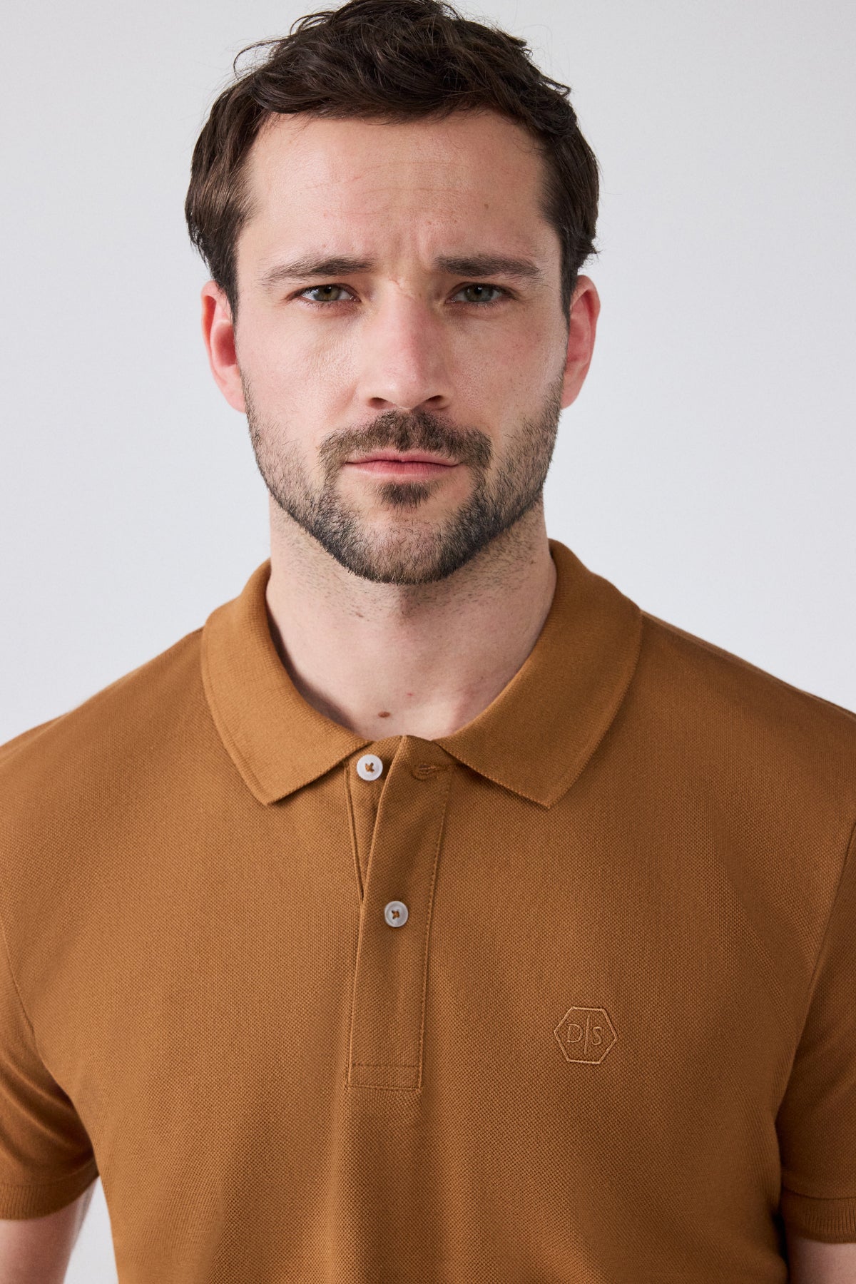 Ds Damat Regular Fit Textured 100% Cotton Wrinkle-Resistant Polo Collar Embroidered T-Shirt - Tobacco