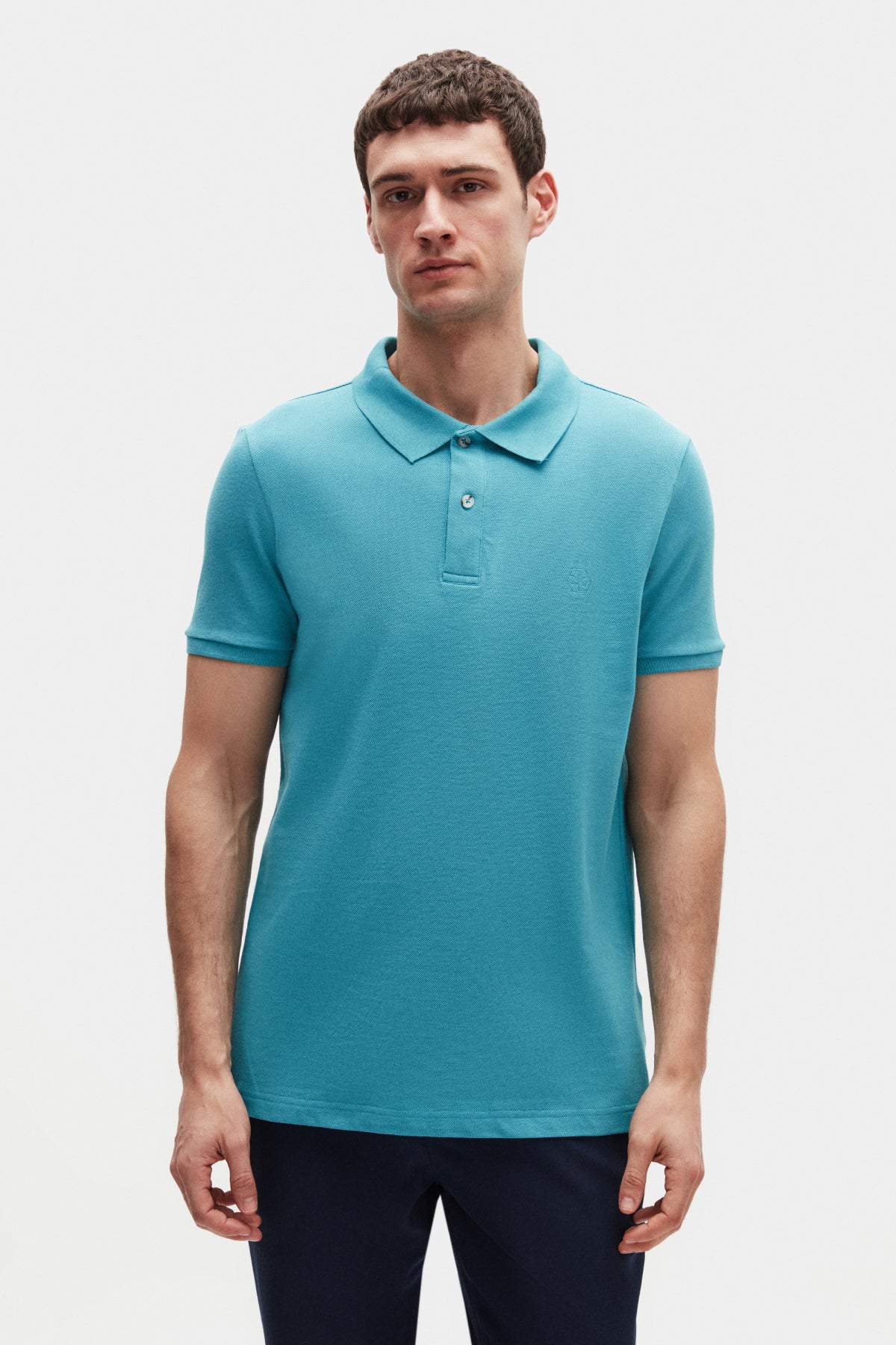 Ds Damat Regular Fit Textured 100% Cotton Wrinkle-Resistant Polo Collar Embroidered T-Shirt - Turquoise