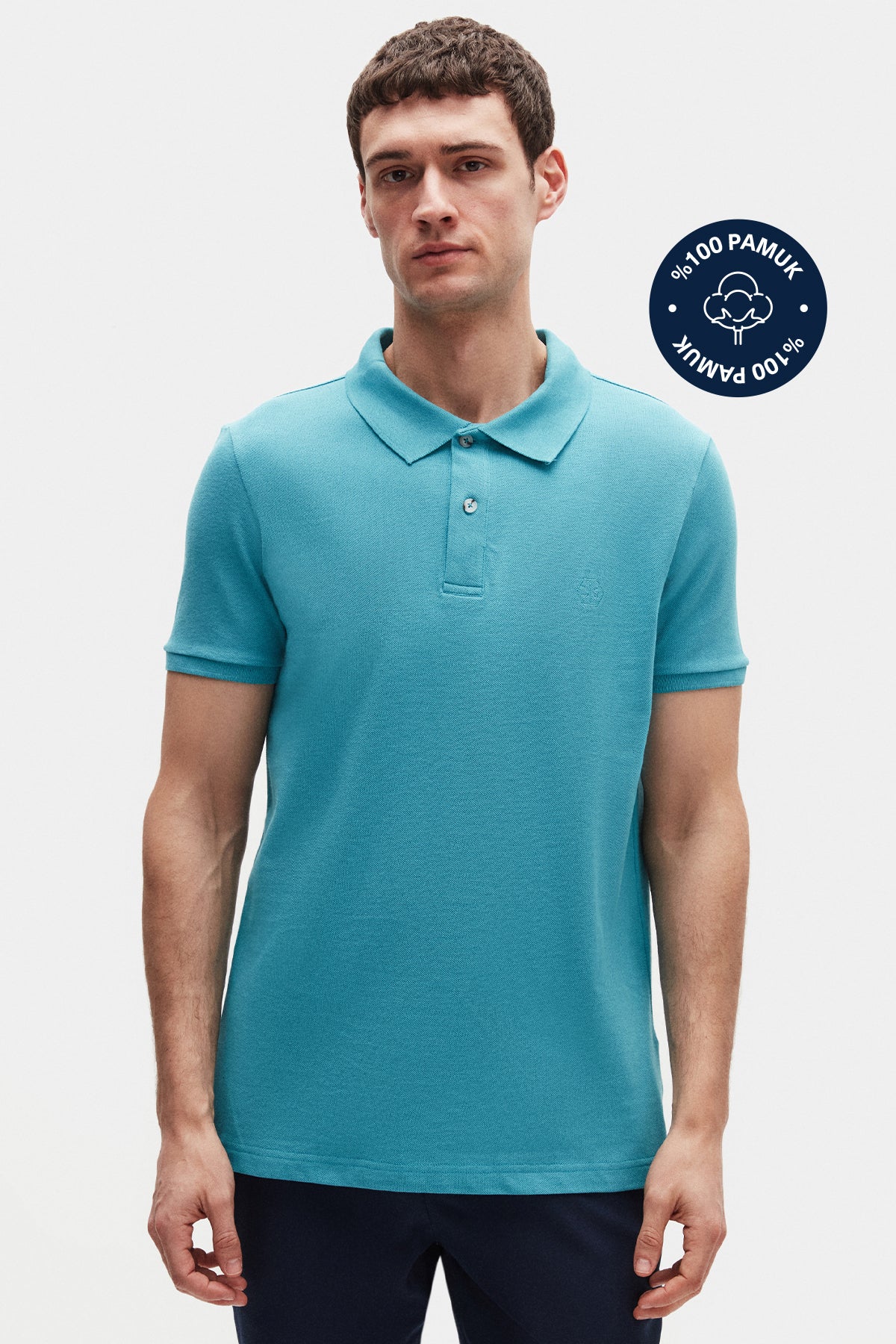 Ds Damat Regular Fit Textured 100% Cotton Wrinkle-Resistant Polo Collar Embroidered T-Shirt - Turquoise