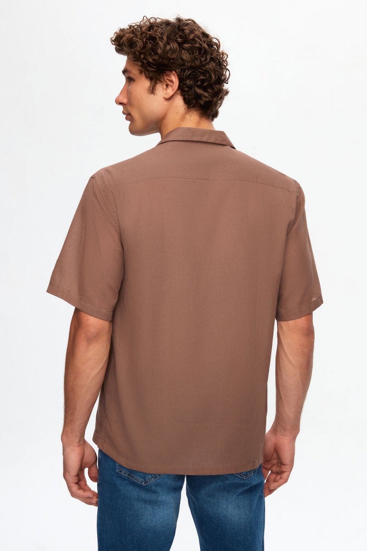 Ds Damat Relaxed Plain Cotton Linen-Look Explorer Collar Summer Shirt - Brown