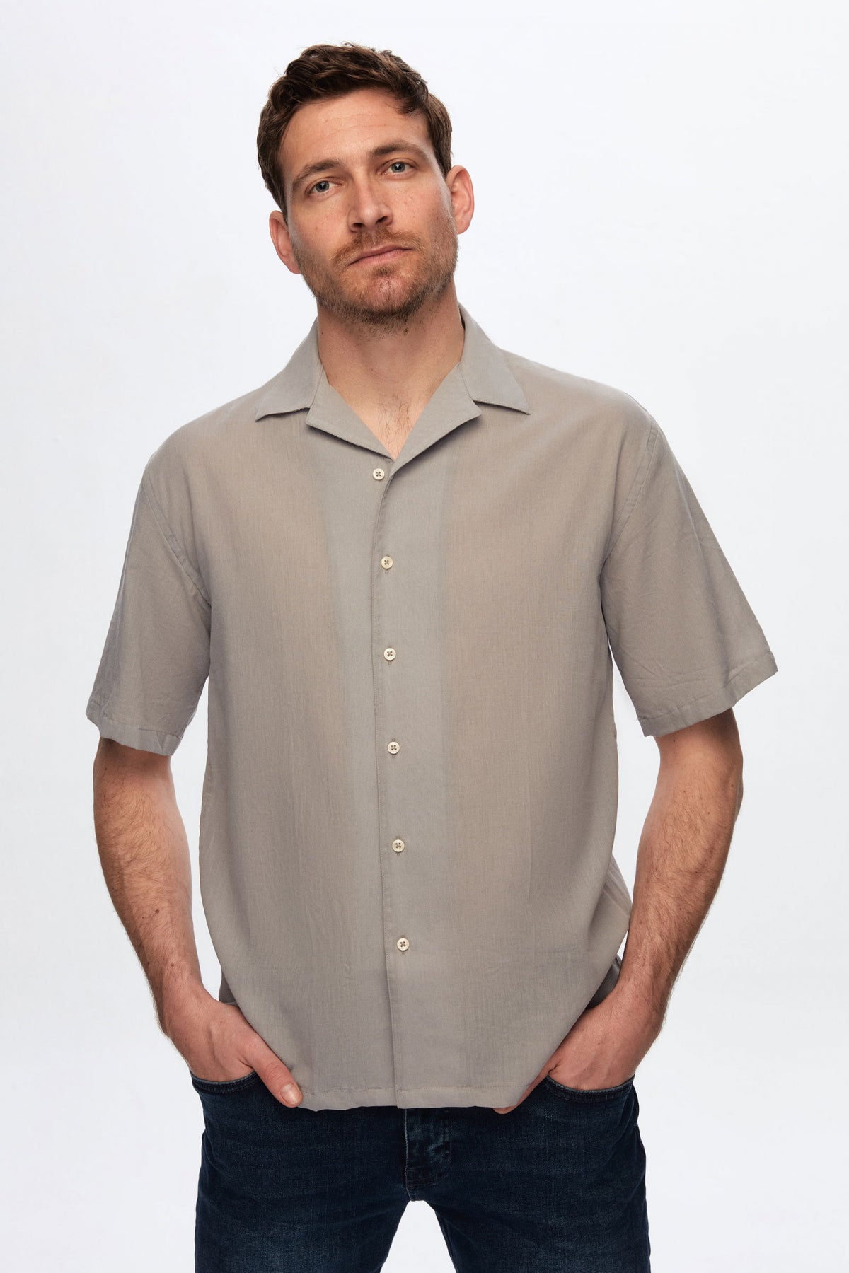 Ds Damat Relaxed Plain Cotton Linen-Look Explorer Collar Summer Shirt - Gray