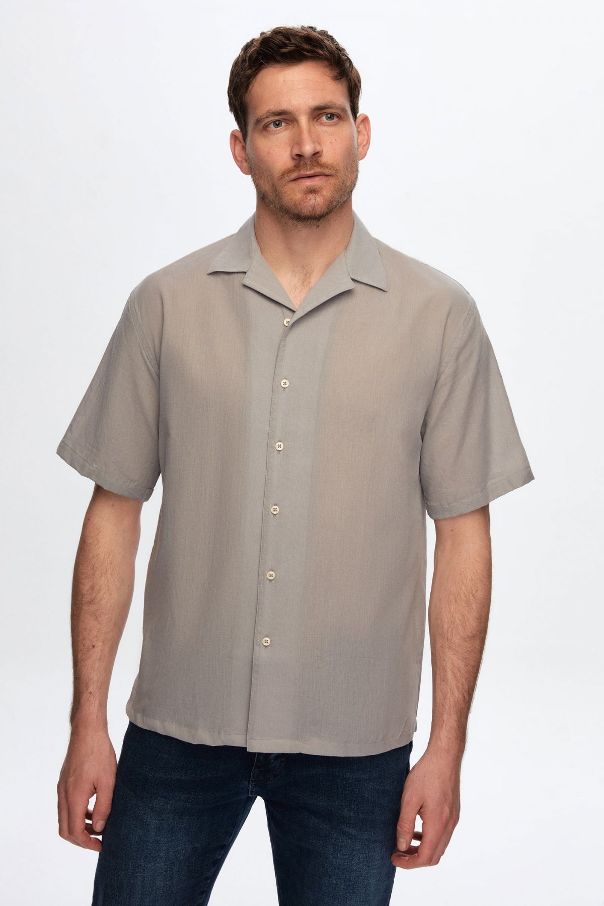 Ds Damat Relaxed Plain Cotton Linen-Look Explorer Collar Summer Shirt - Gray