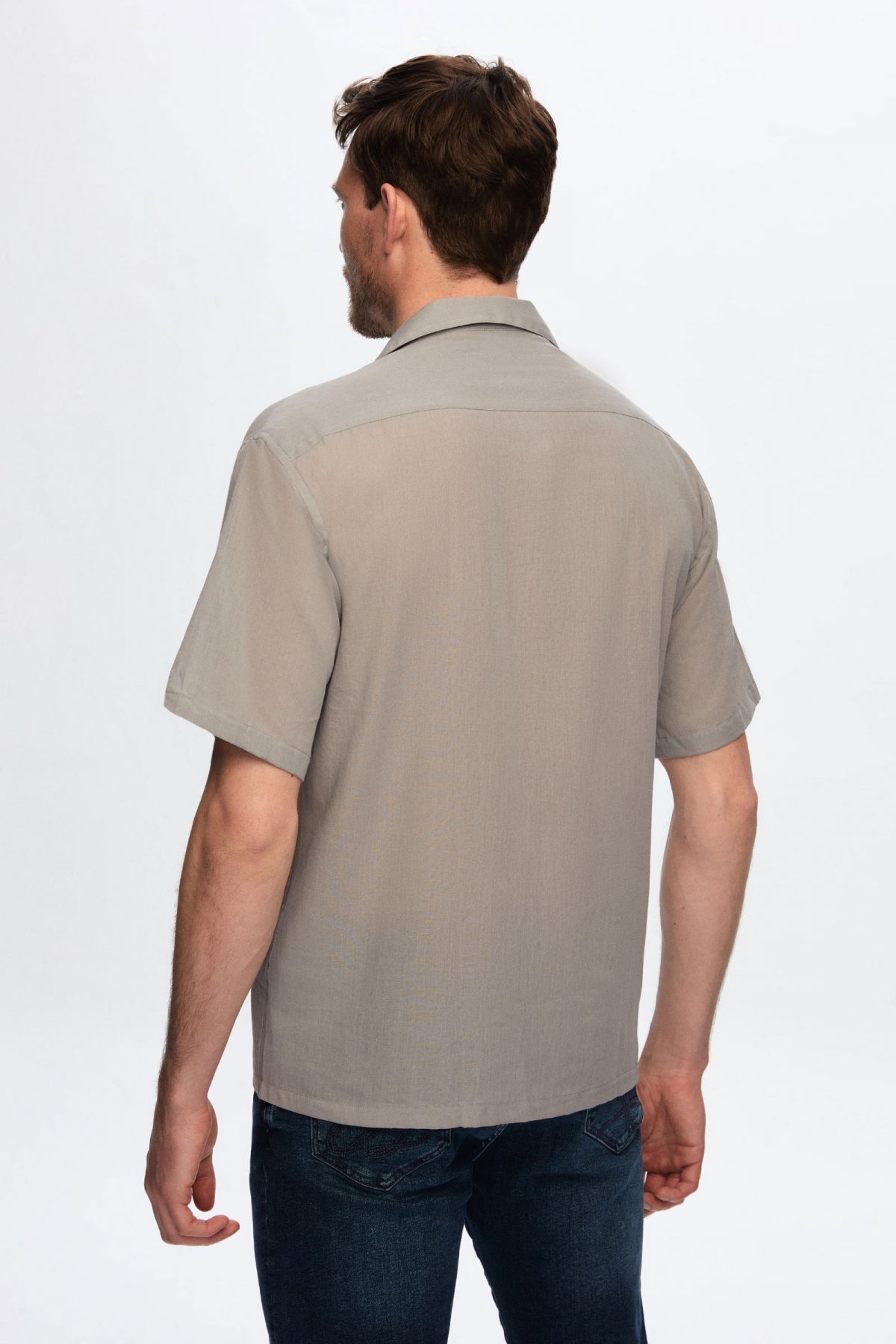 Ds Damat Relaxed Plain Cotton Linen-Look Explorer Collar Summer Shirt - Gray