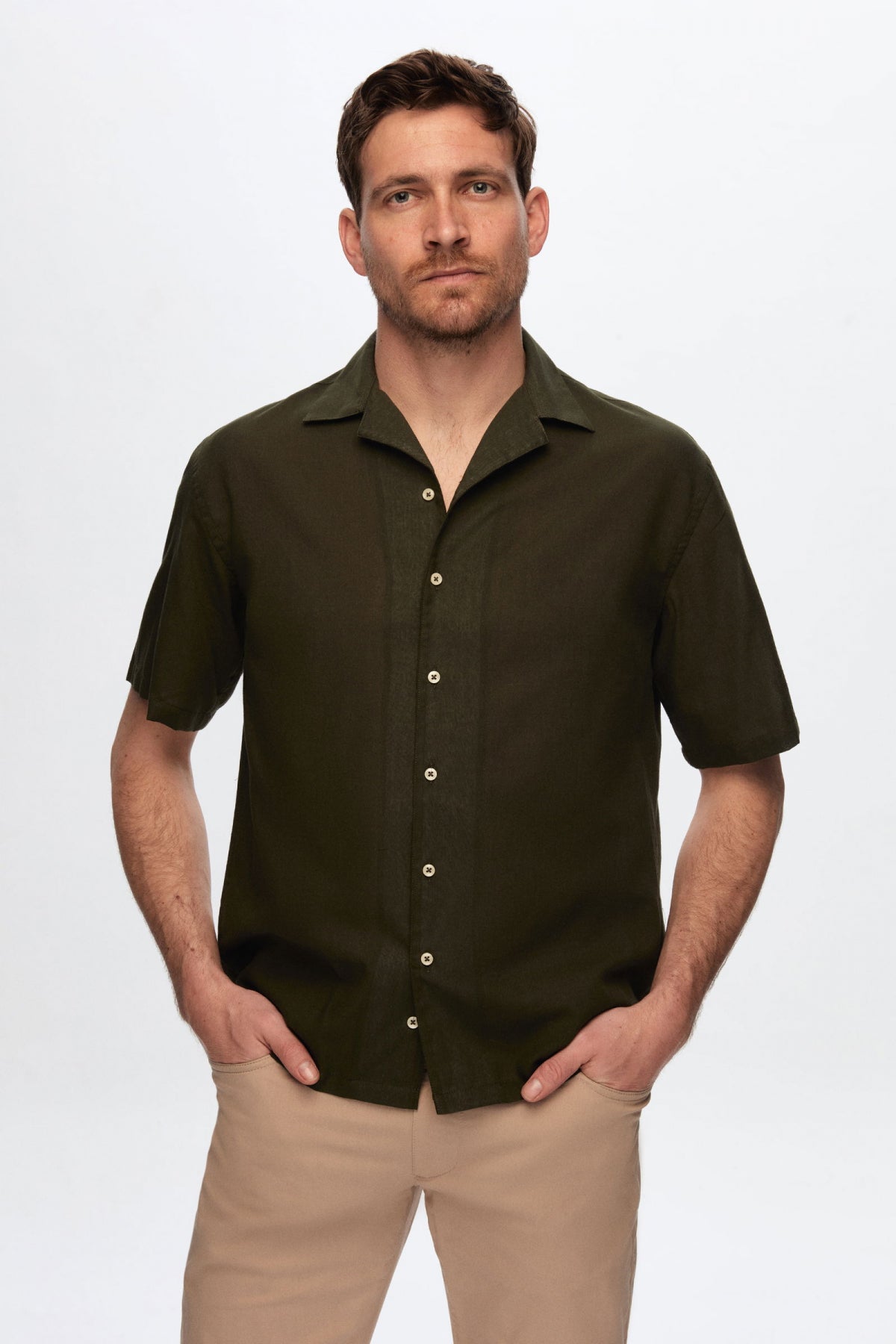 Ds Damat Relaxed Plain Cotton Linen-Look Explorer Collar Summer Shirt - Khaki