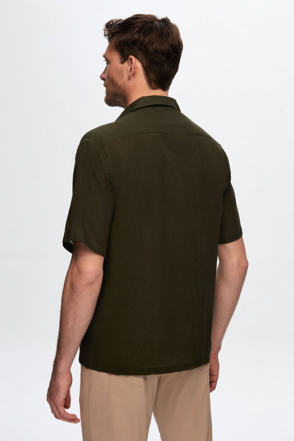 Ds Damat Relaxed Plain Cotton Linen-Look Explorer Collar Summer Shirt - Khaki