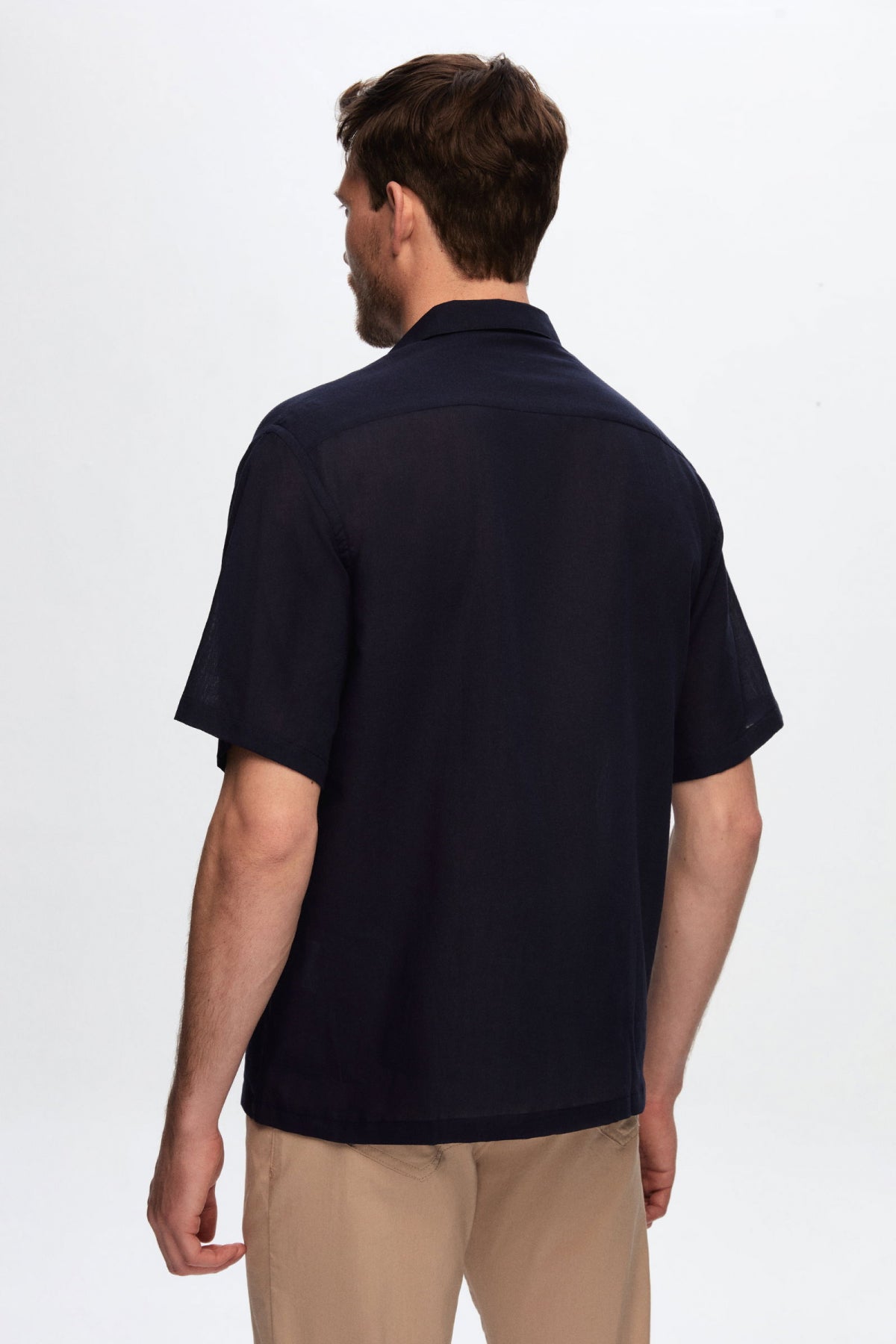 Ds Damat Relaxed Plain Cotton Linen-Look Explorer Collar Summer Shirt - Navy Blue