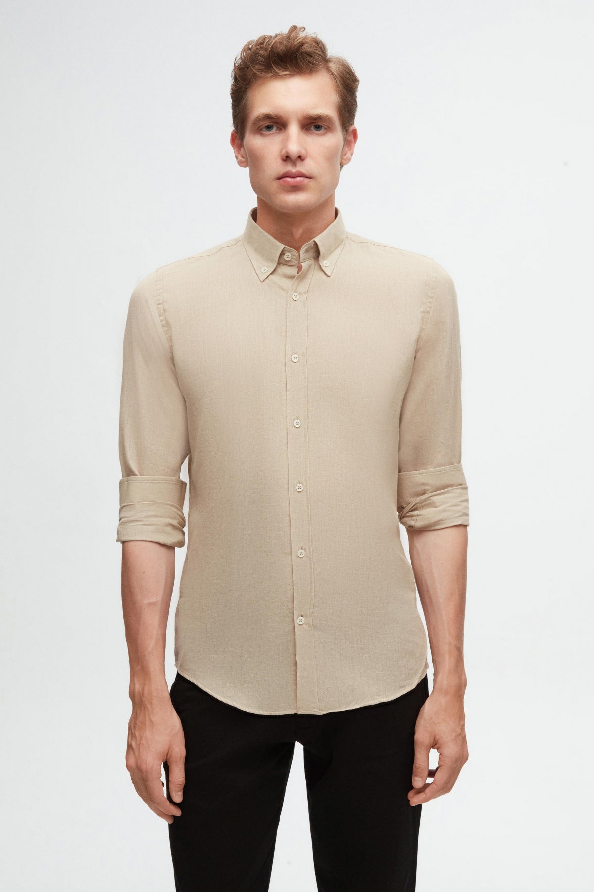 Ds Damat Slim Fit Button-Down 100% Cotton Summer Linen-Look Shirt - Beige