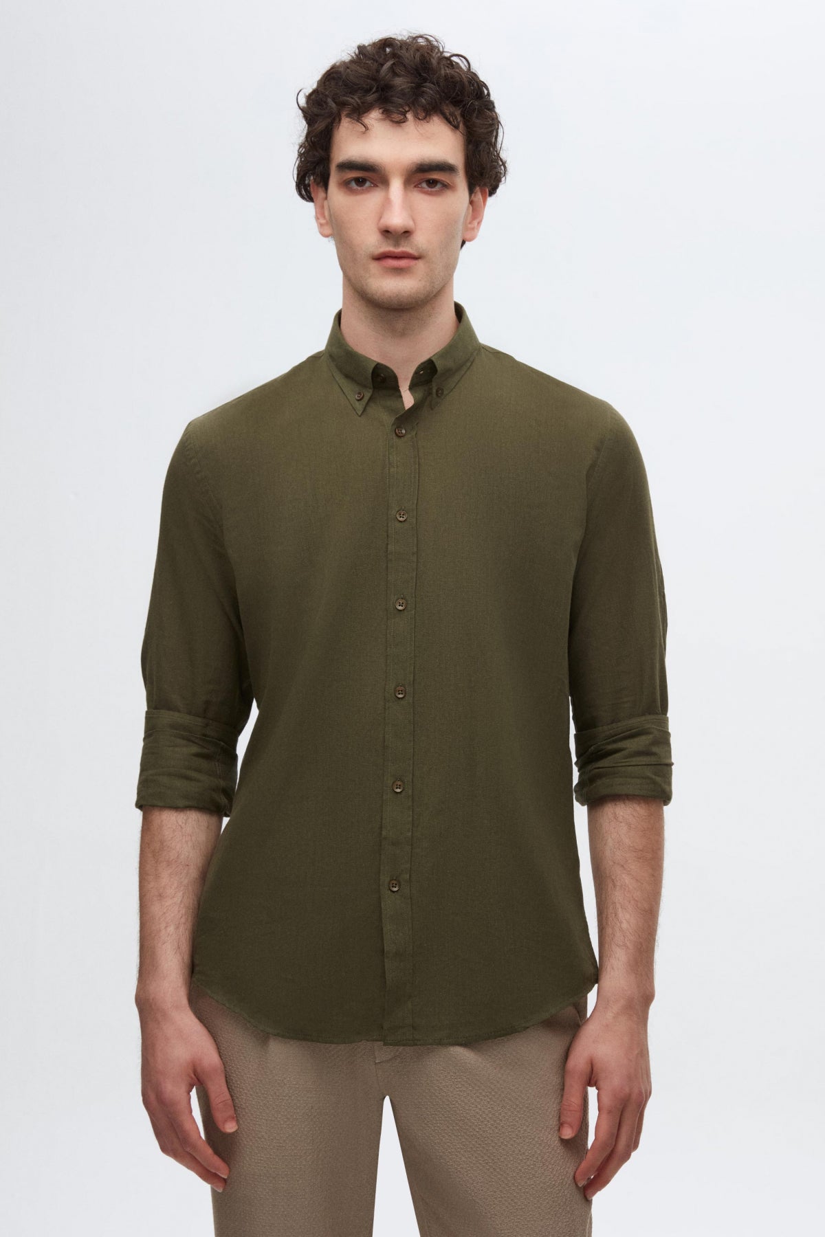 Ds Damat Slim Fit Button-Down 100% Cotton Summer Linen-Look Shirt - Khaki