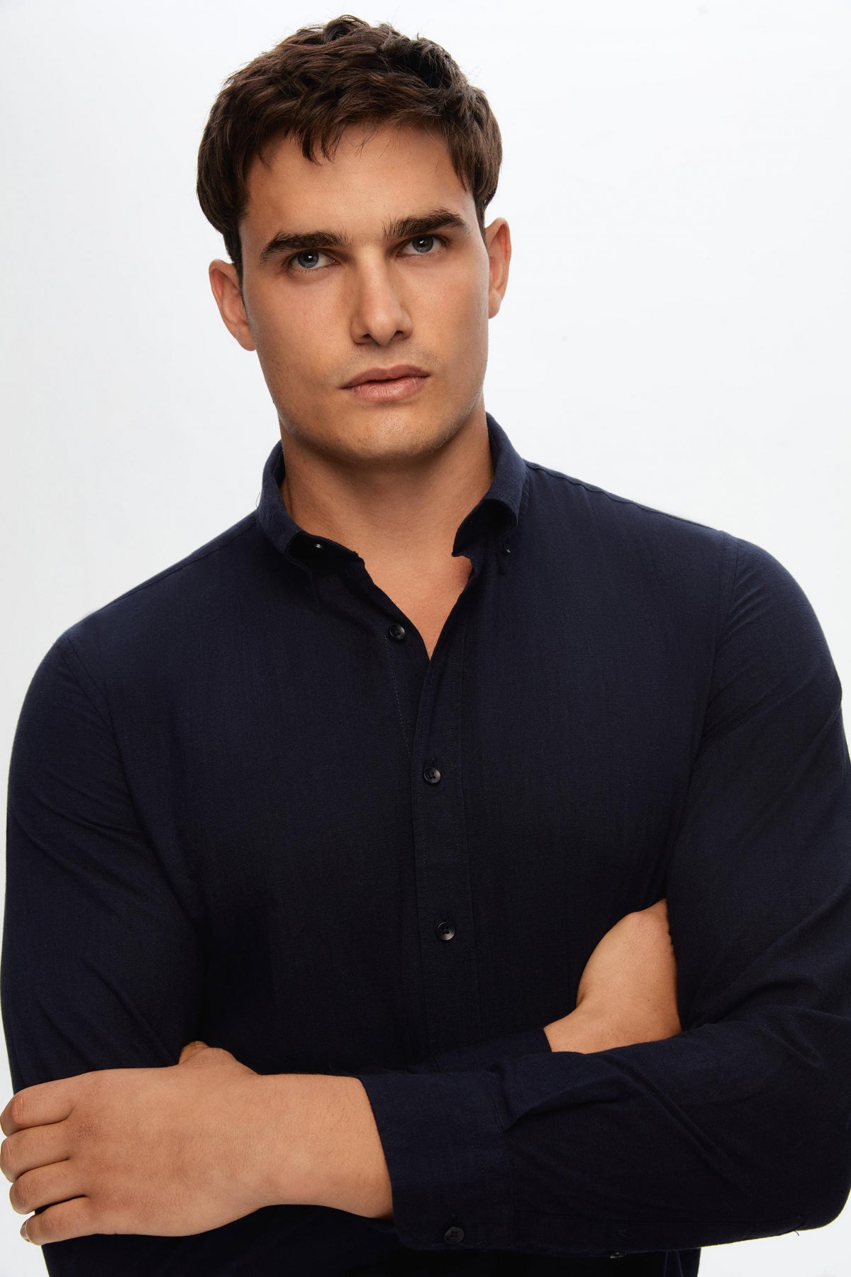 Ds Damat Slim Fit Button-Down 100% Cotton Summer Linen-Look Shirt - Navy Blue