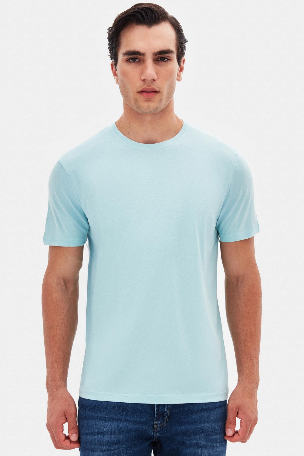 Ds Damat Slim Fit Crew Neck 100% Cotton Breathable T-Shirt - Aqua