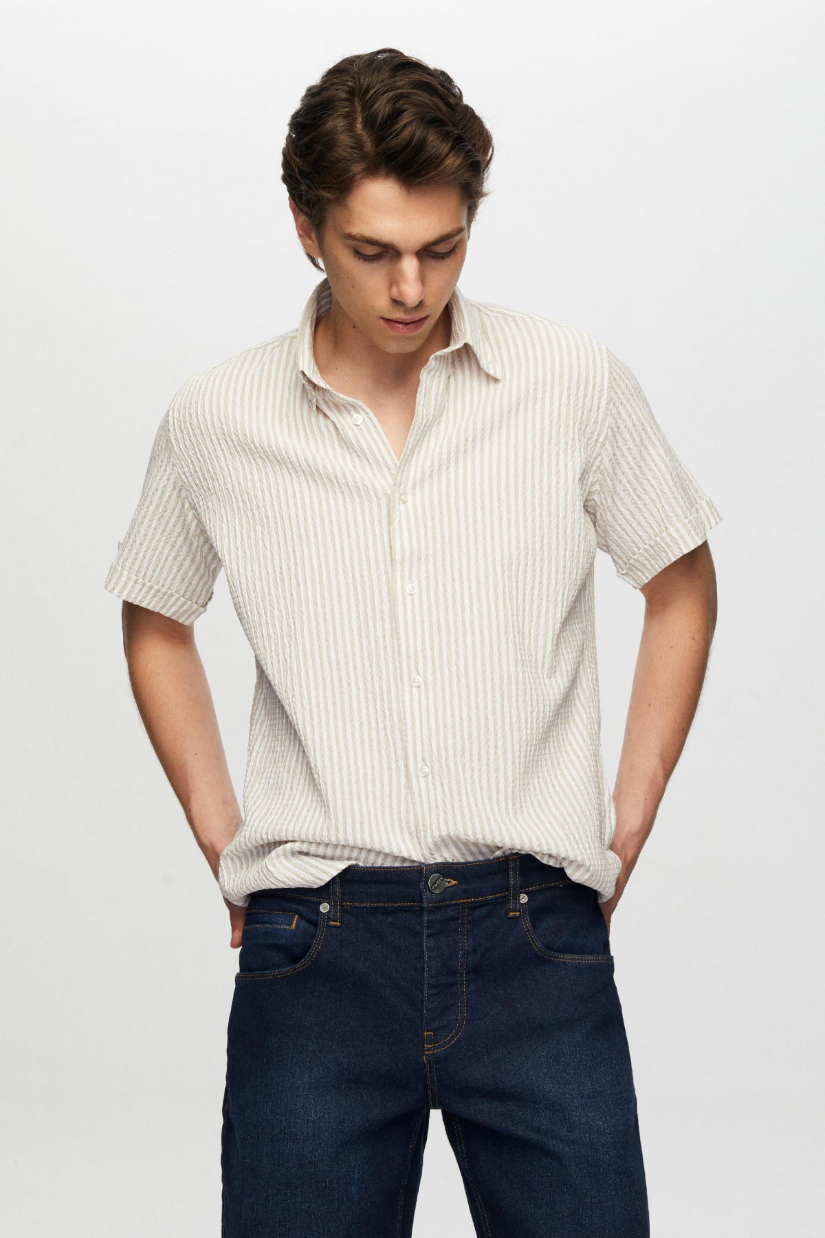 Ds Damat Slim Fit Crinkled Short Sleeve Shirt - Beige