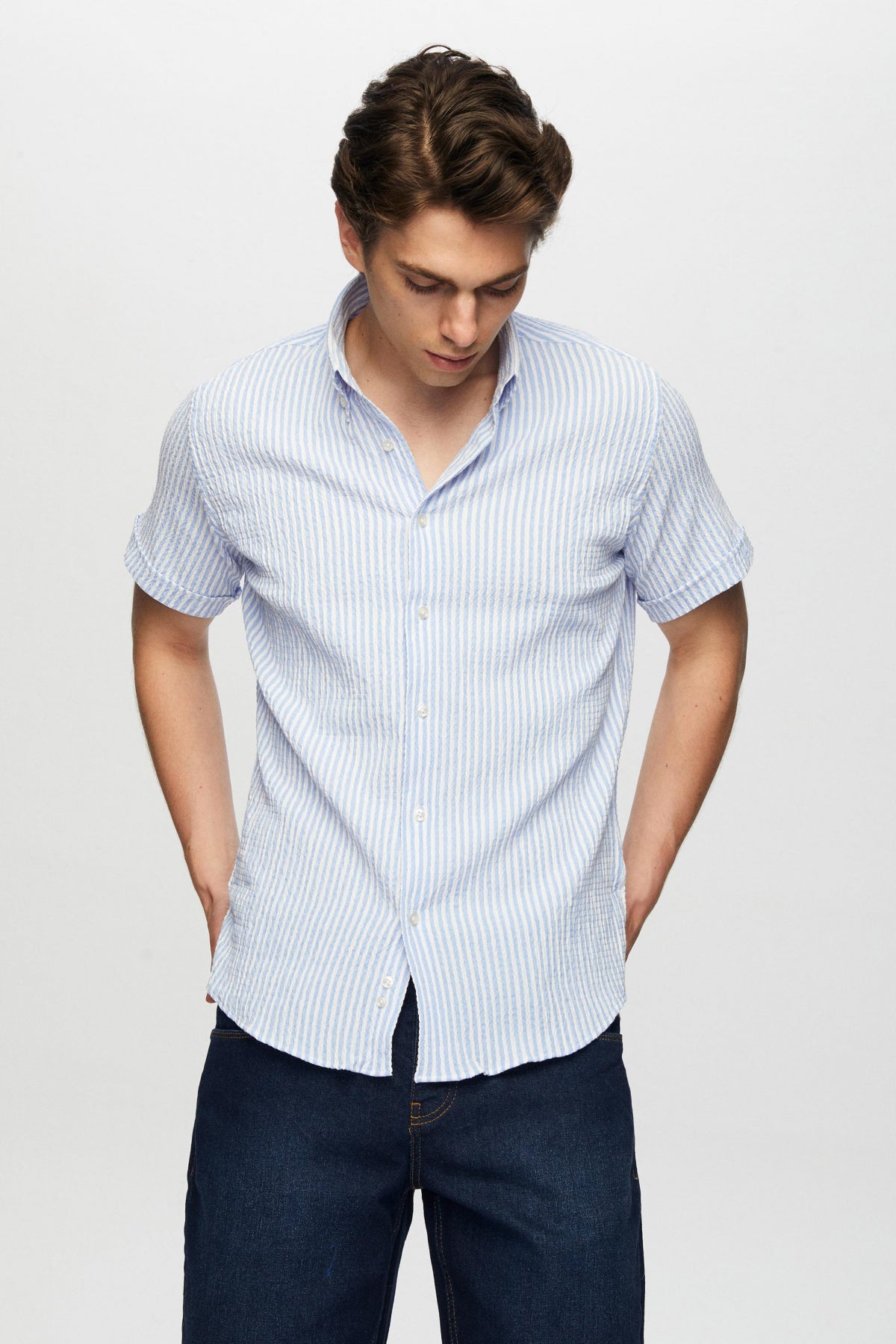 Ds Damat Slim Fit Crinkled Short Sleeve Shirt - Blue