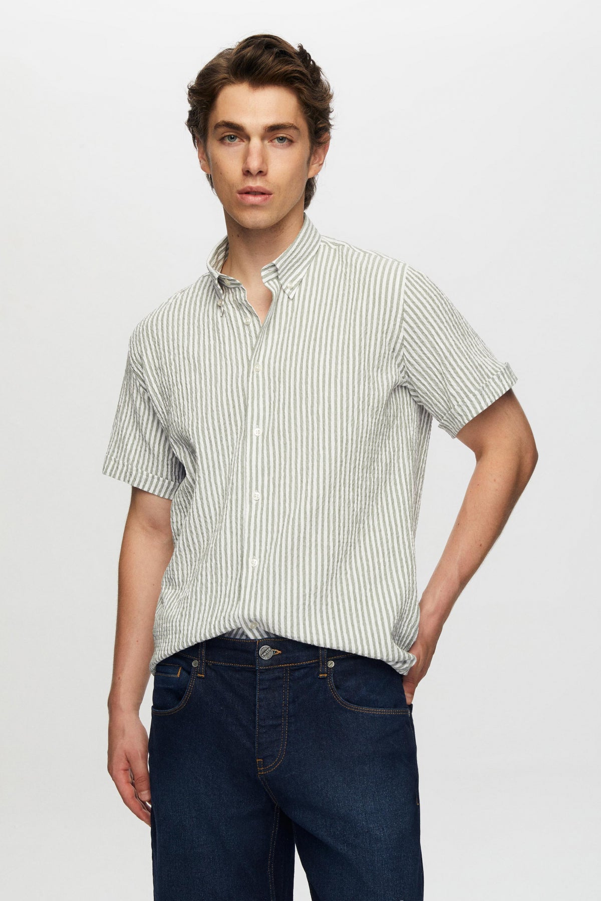 Ds Damat Slim Fit Crinkled Short Sleeve Shirt - Green