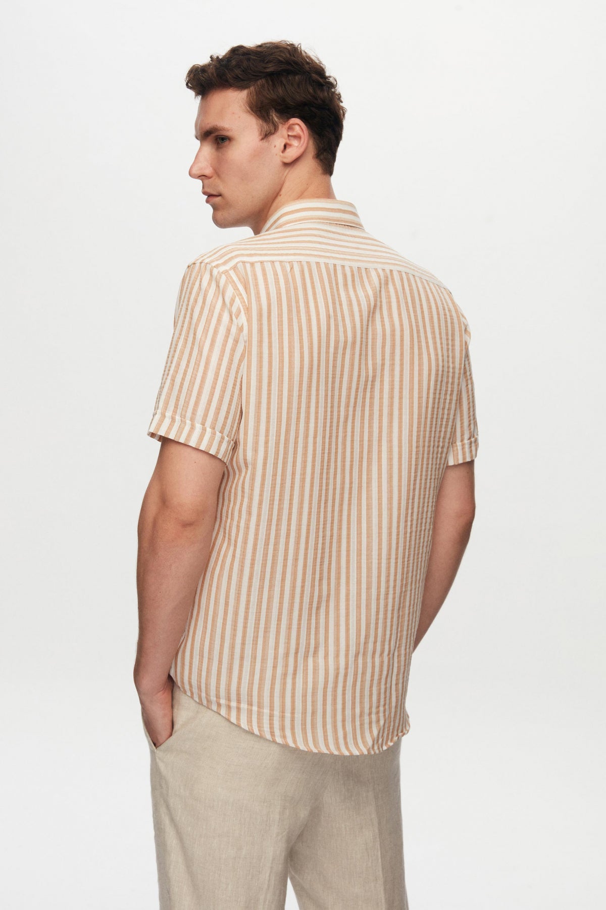 Ds Damat Slim Fit Crinkled Striped Short-Sleeve Summer Shirt - Beige