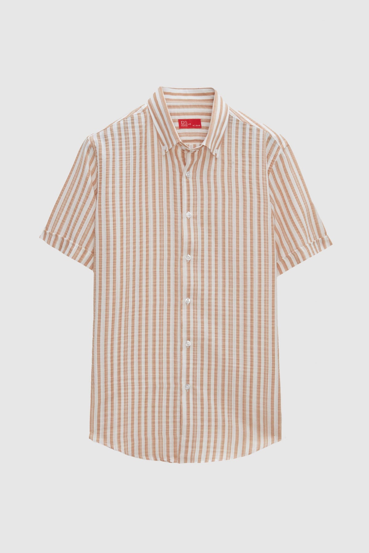 Ds Damat Slim Fit Crinkled Striped Short-Sleeve Summer Shirt - Beige